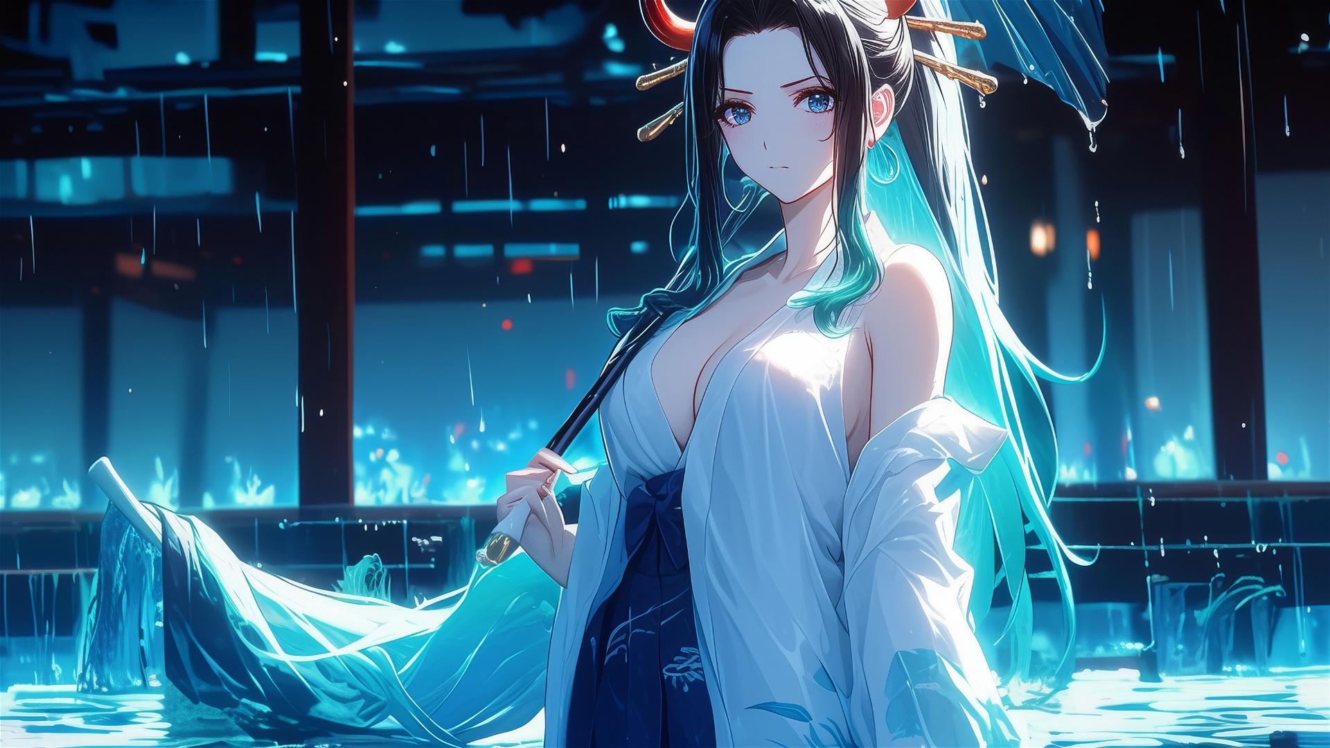 Yamato from One Piece standing in a pool under the moonlight in a white dress