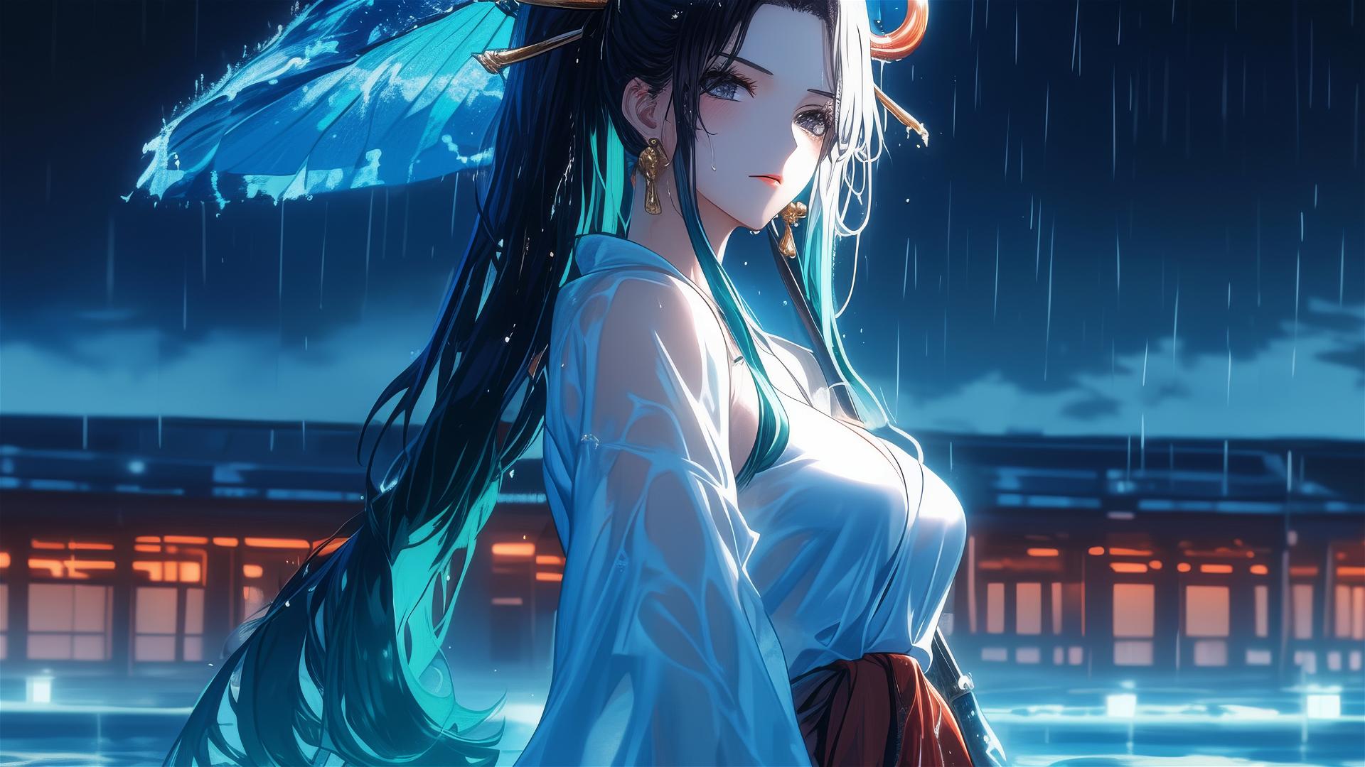 Yamato from One Piece in a rainy pool with moonlight glow