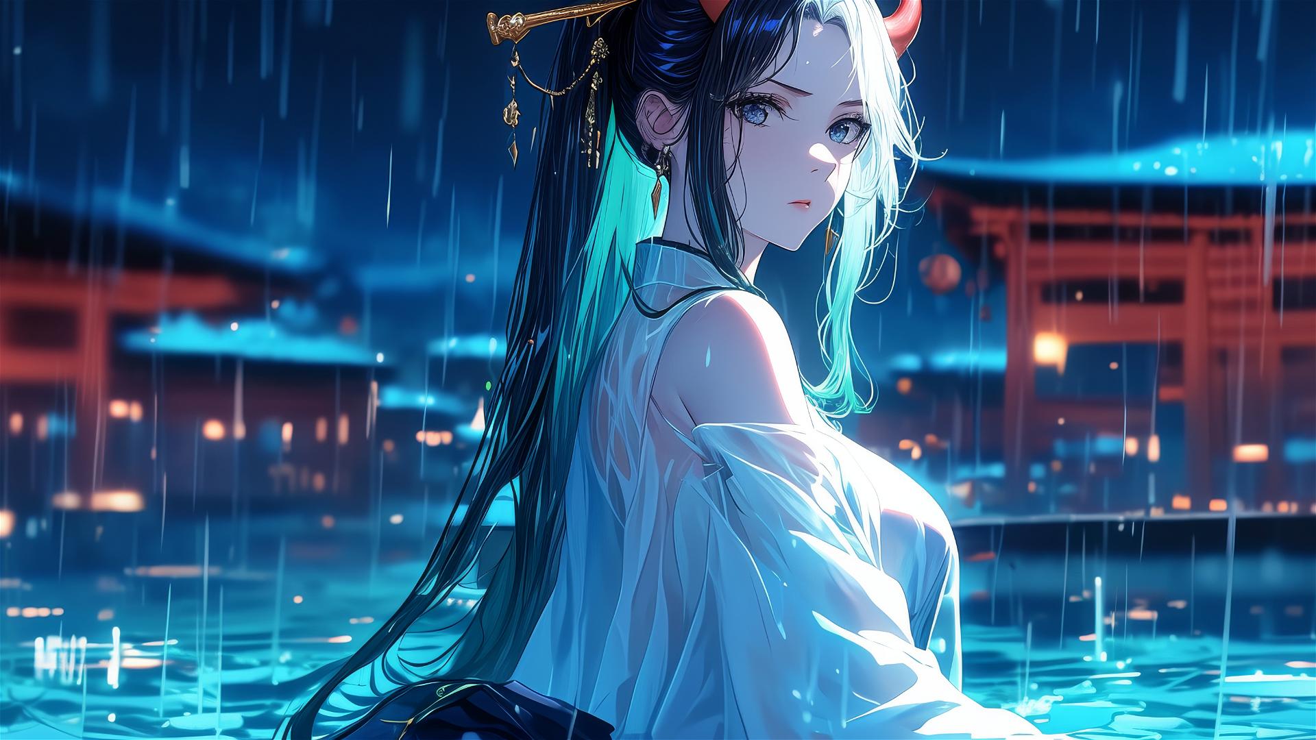 Yamato from One Piece standing in a rainy pool under moonlight