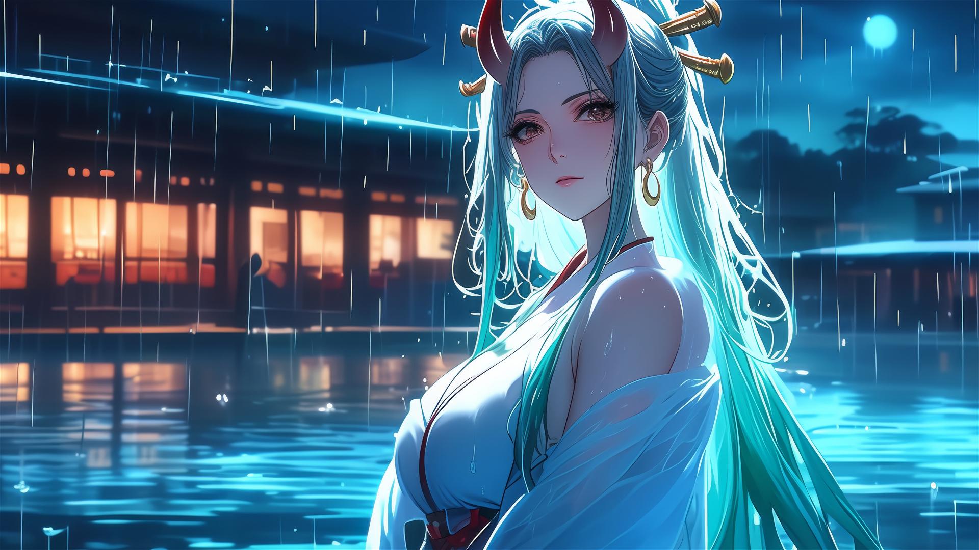 Yamato from One Piece standing in a rainy pool with moonlight glow