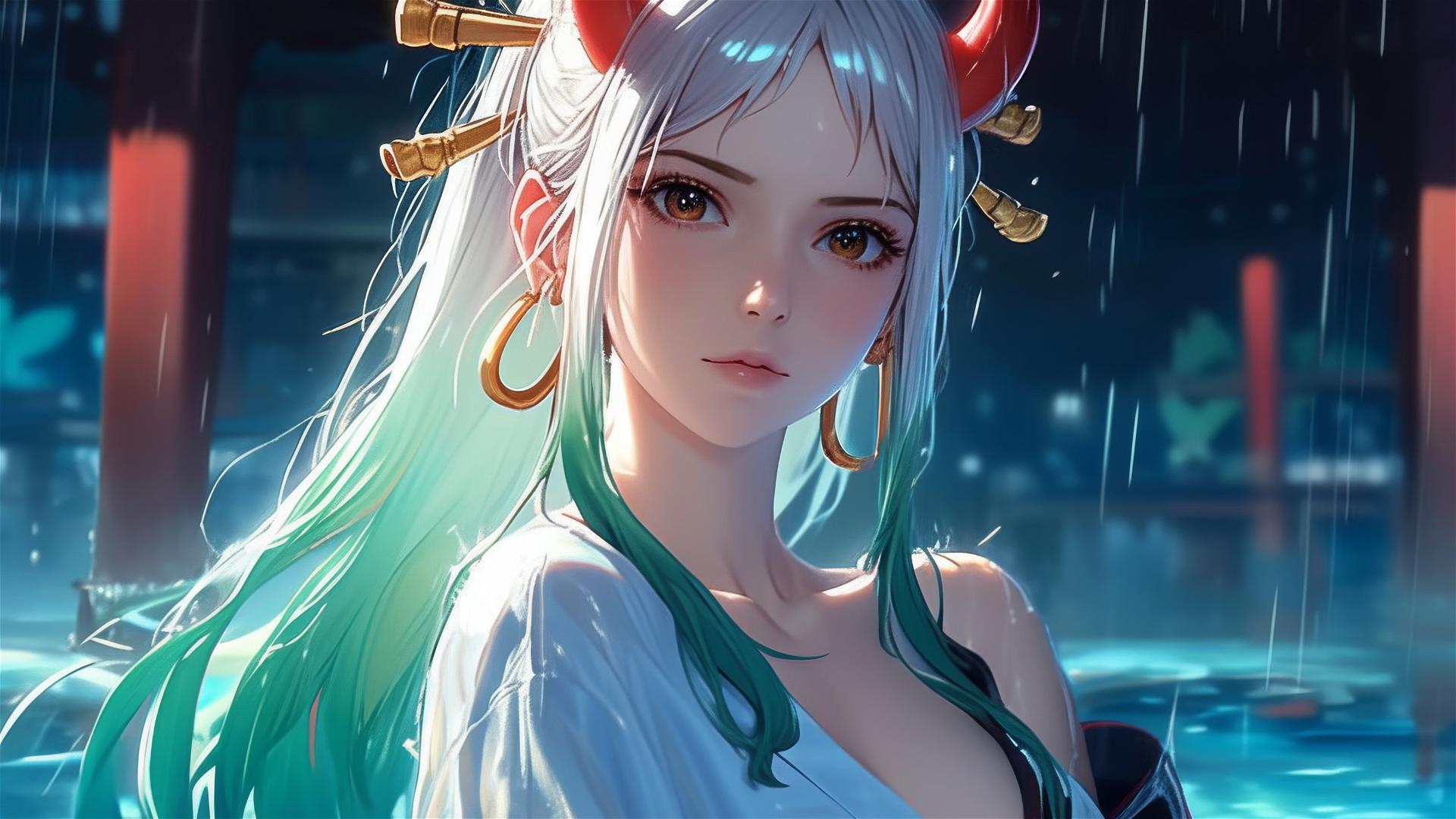 Yamato from One Piece standing in a pool under moonlight in a white dress