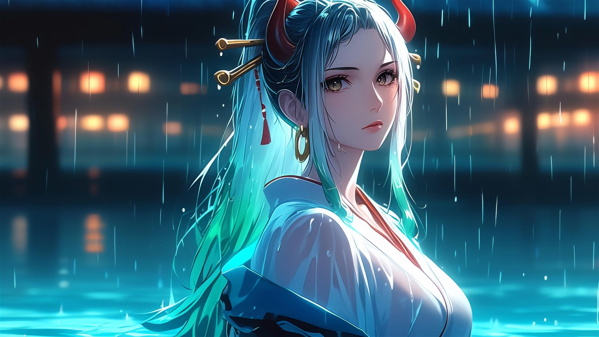 Yamato from One Piece standing in a rainy pool under moonlight in white attire