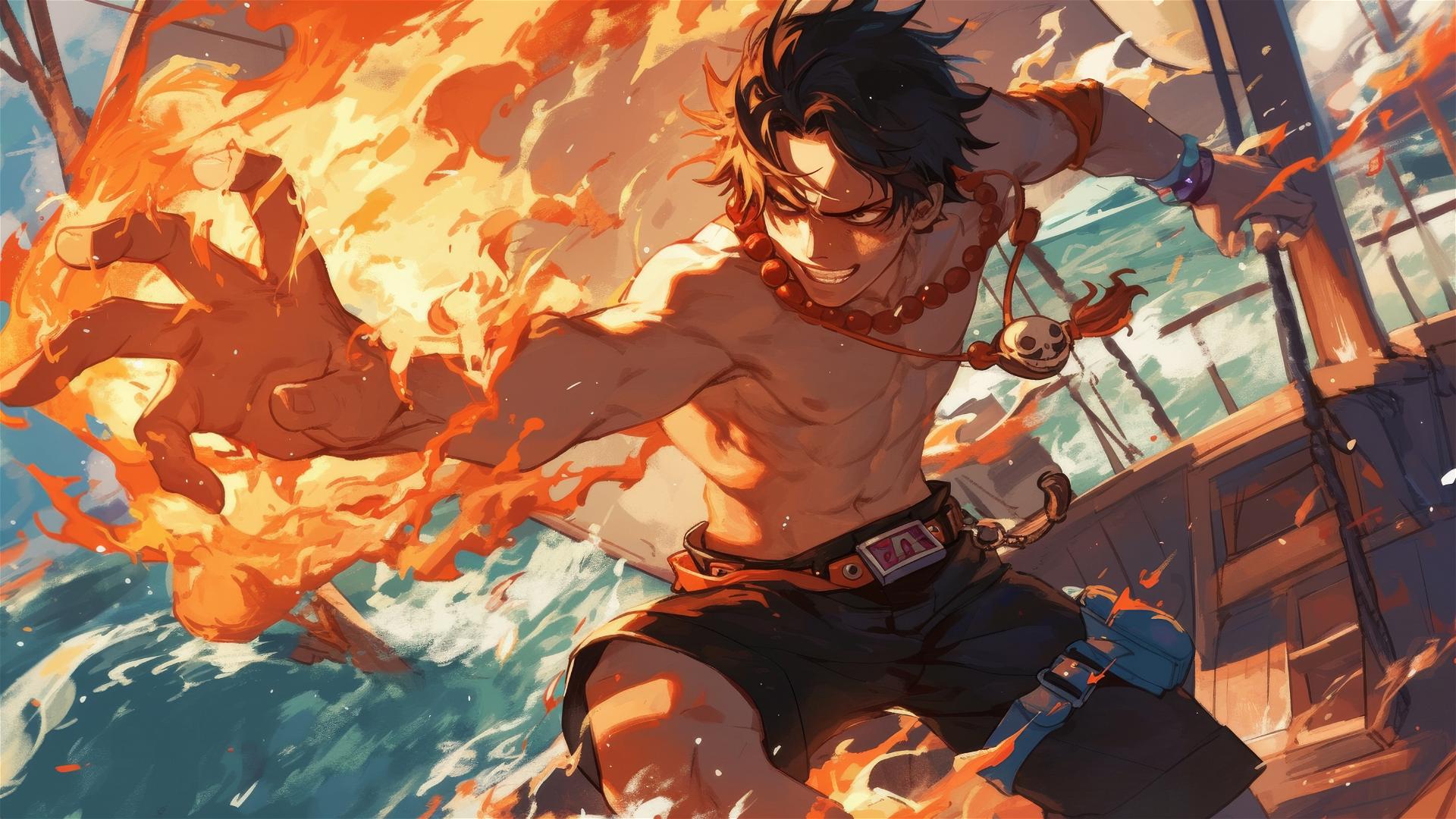 Ace from One Piece on ship deck with fiery arm ready to attack