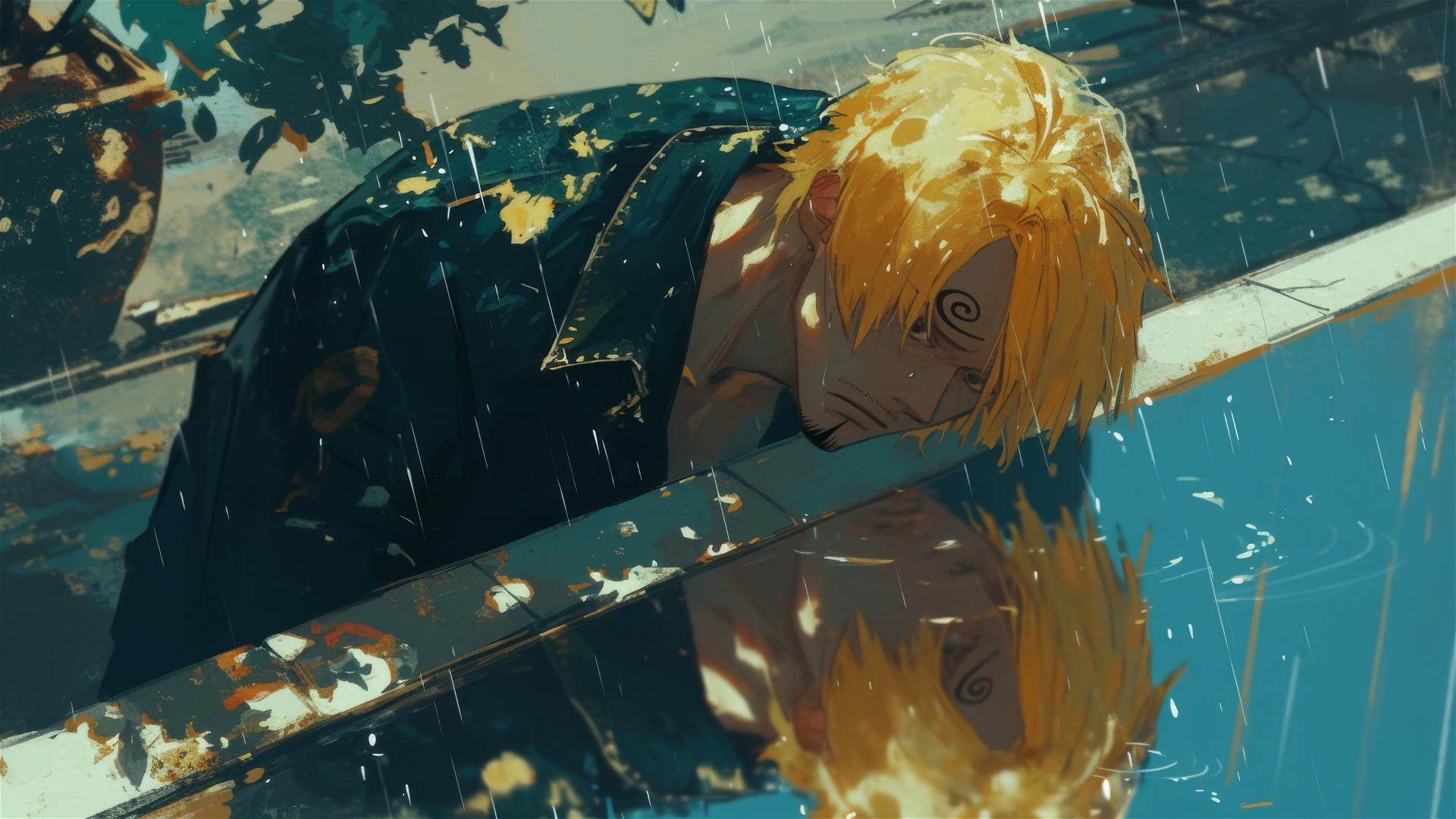 Sanji from One Piece with a thoughtful expression reflected in a puddle during a rainstorm on deck