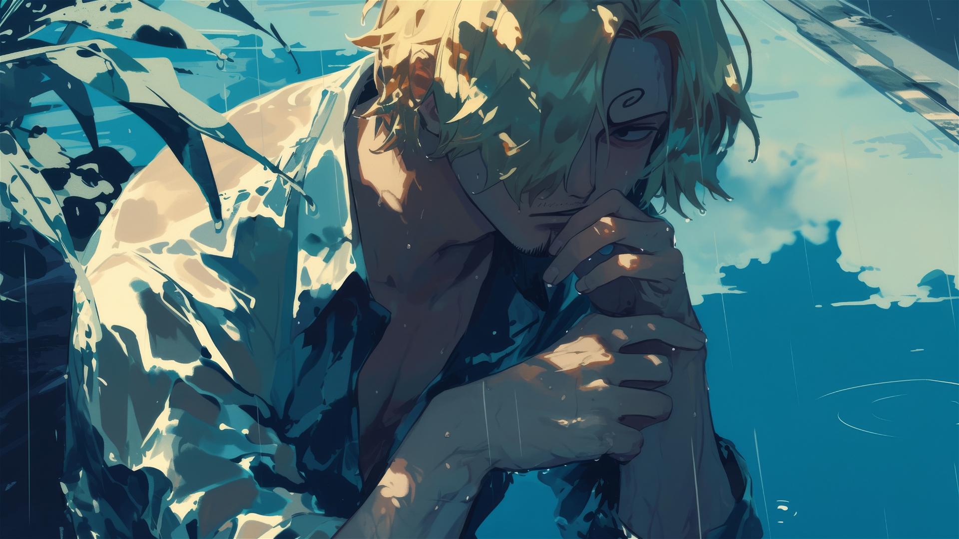 Sanji from One Piece with thoughtful expression reflected in a puddle during a rainstorm