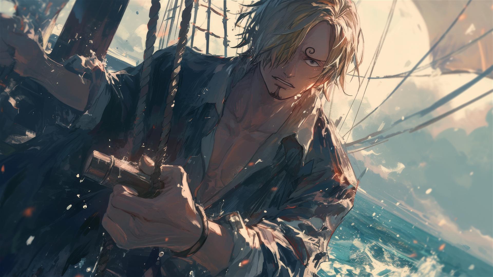 Sanji from One Piece at ship's bow facing a storm