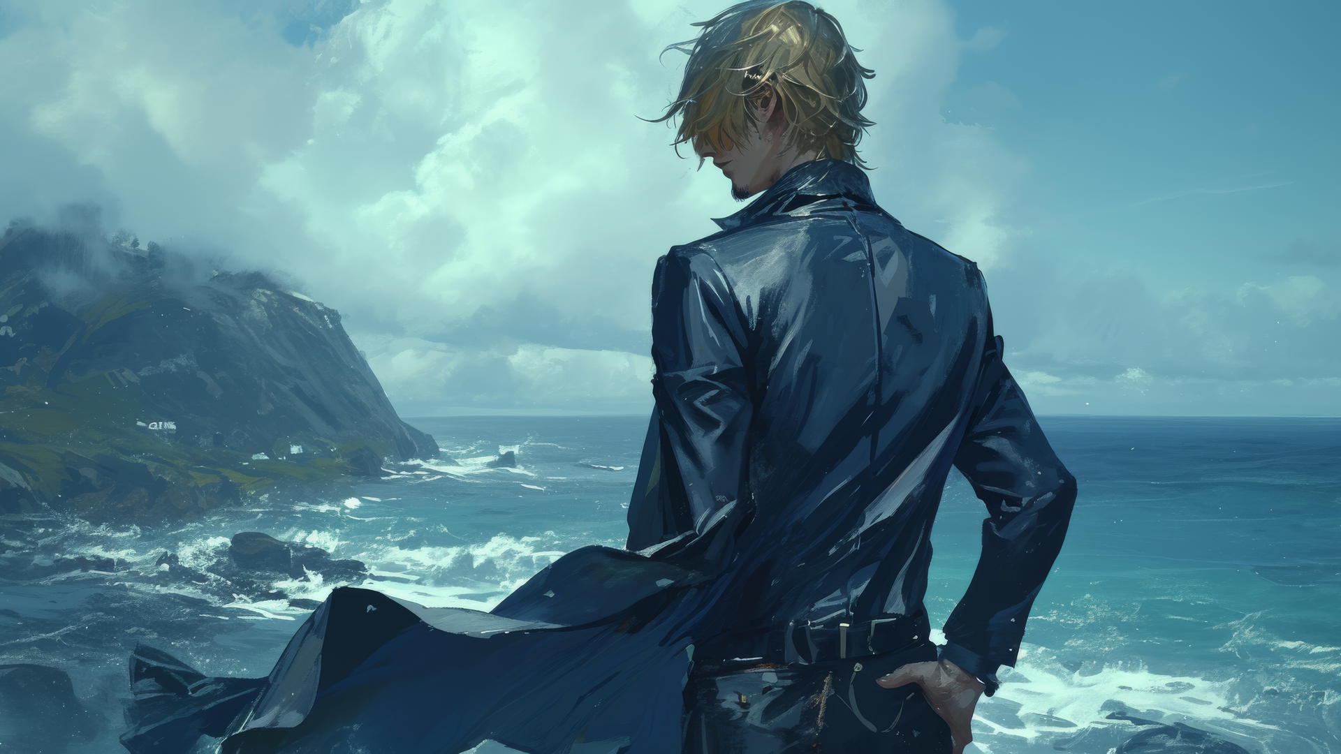 Sanji from One Piece at cliff edge facing the stormy ocean