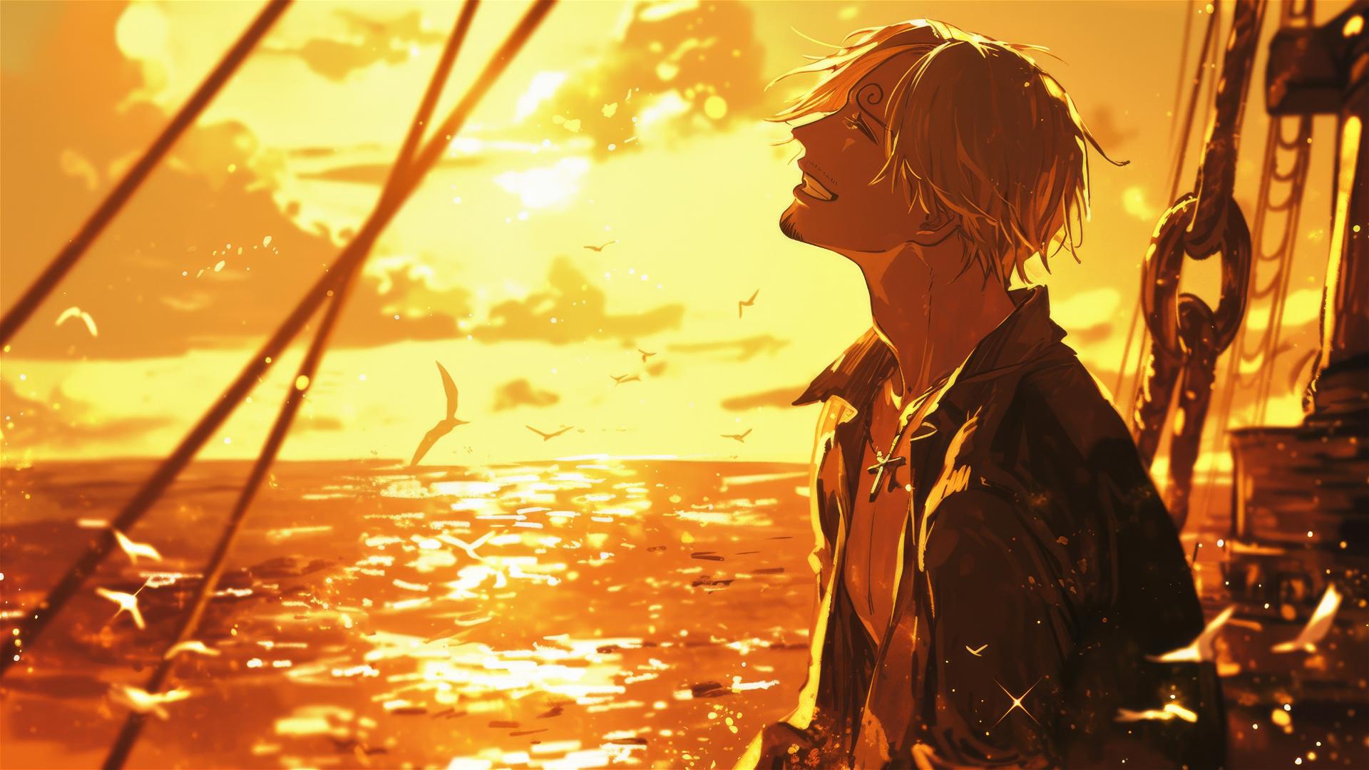 Silhouette of Sanji from One Piece against a sunset on a ship deck