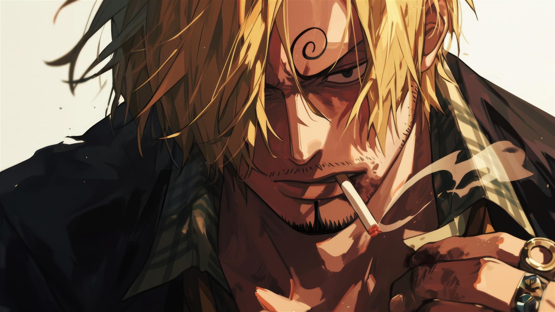 Close-up of Sanji from One Piece with a cigarette and intense eyes