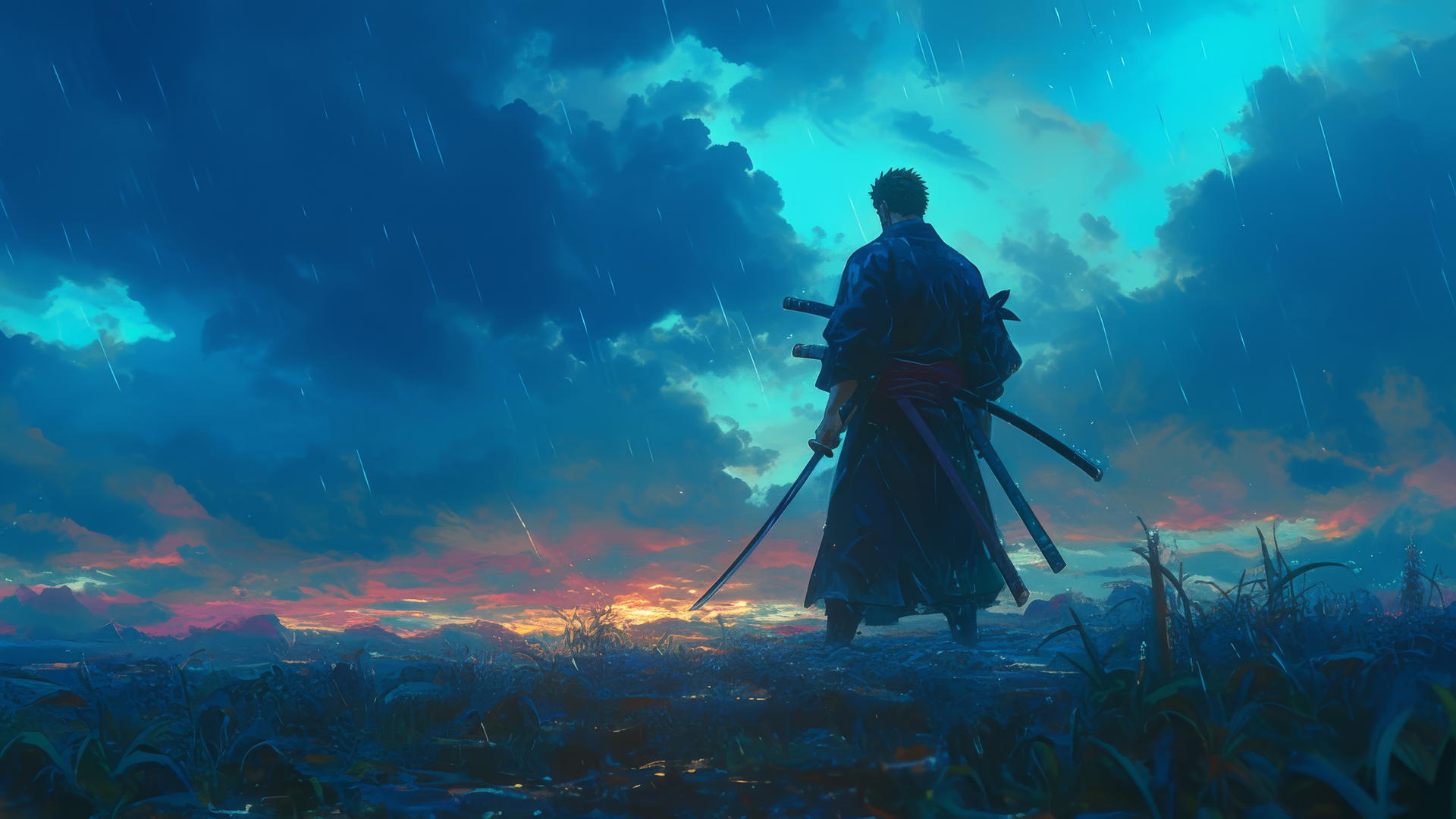 Roronoa Zoro with sword in a stormy deserted village