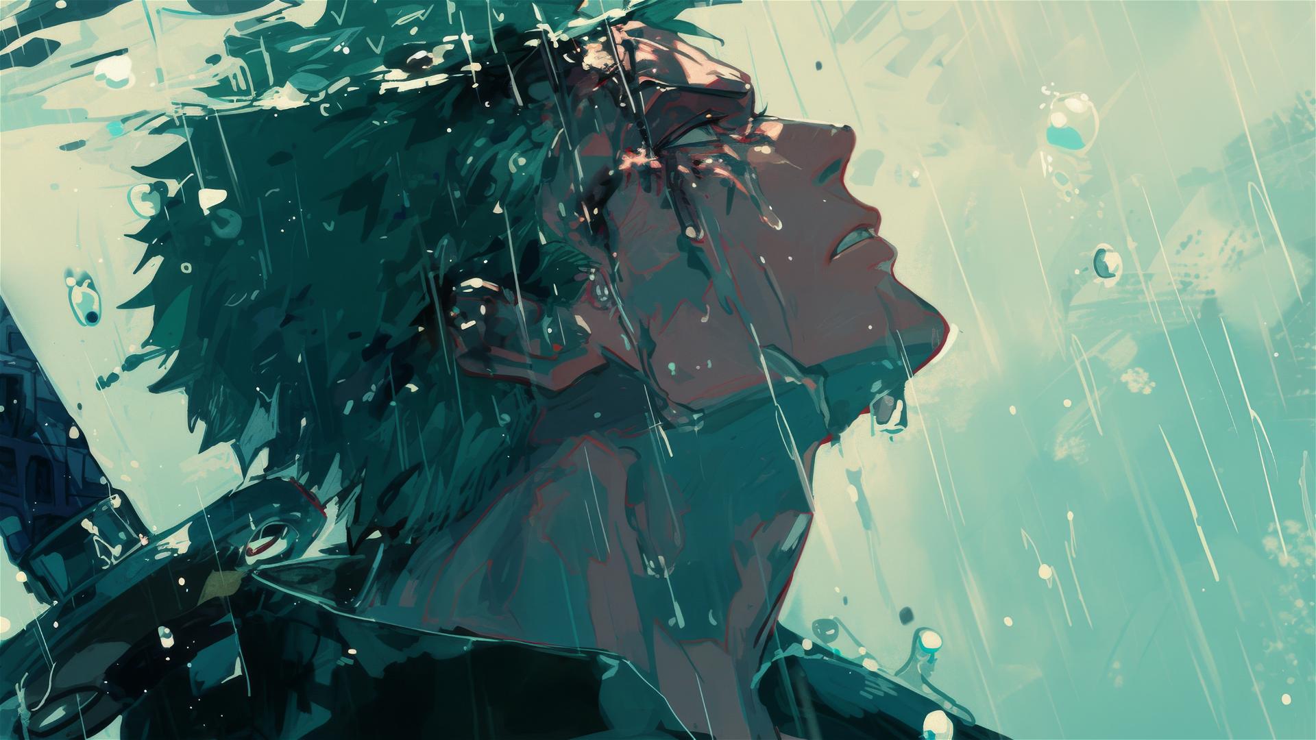 Roronoa Zoro in heavy rain looking skyward, cinematic loneliness