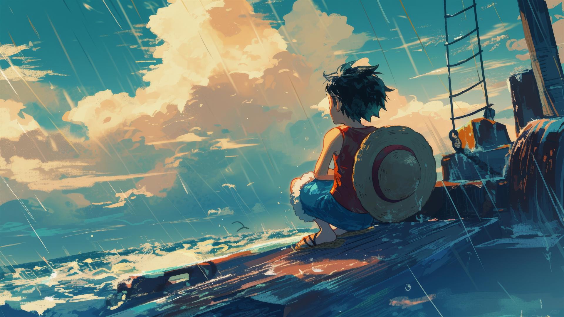 Luffy on a ship deck gazing at a tempestuous sea