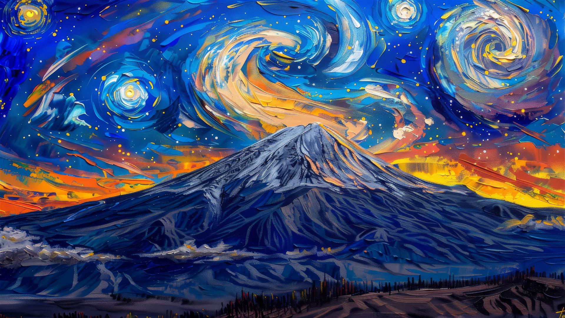 Very realistic Mount Kilimanjaro at dawn with a van Gogh's Starry Night style sky