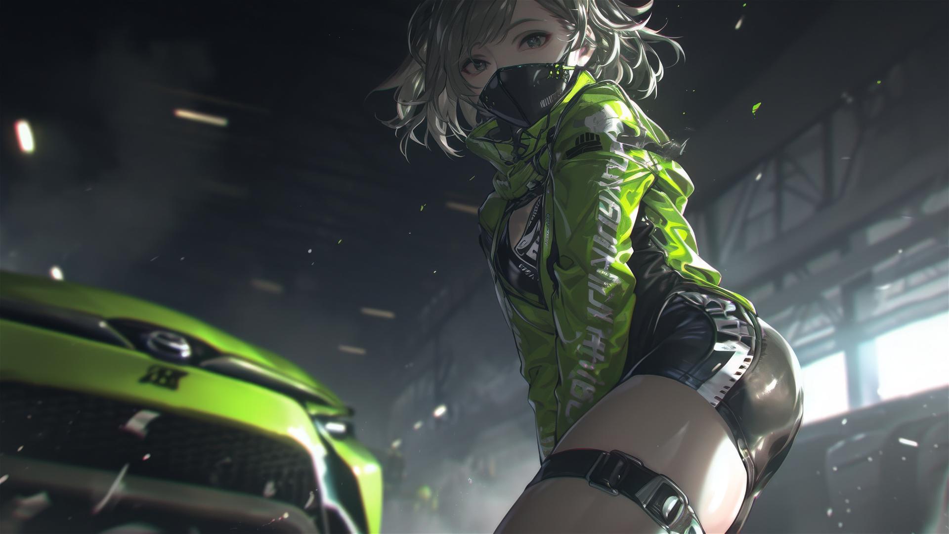 Motorsport racer girl with short hair and masked face in dynamic pose