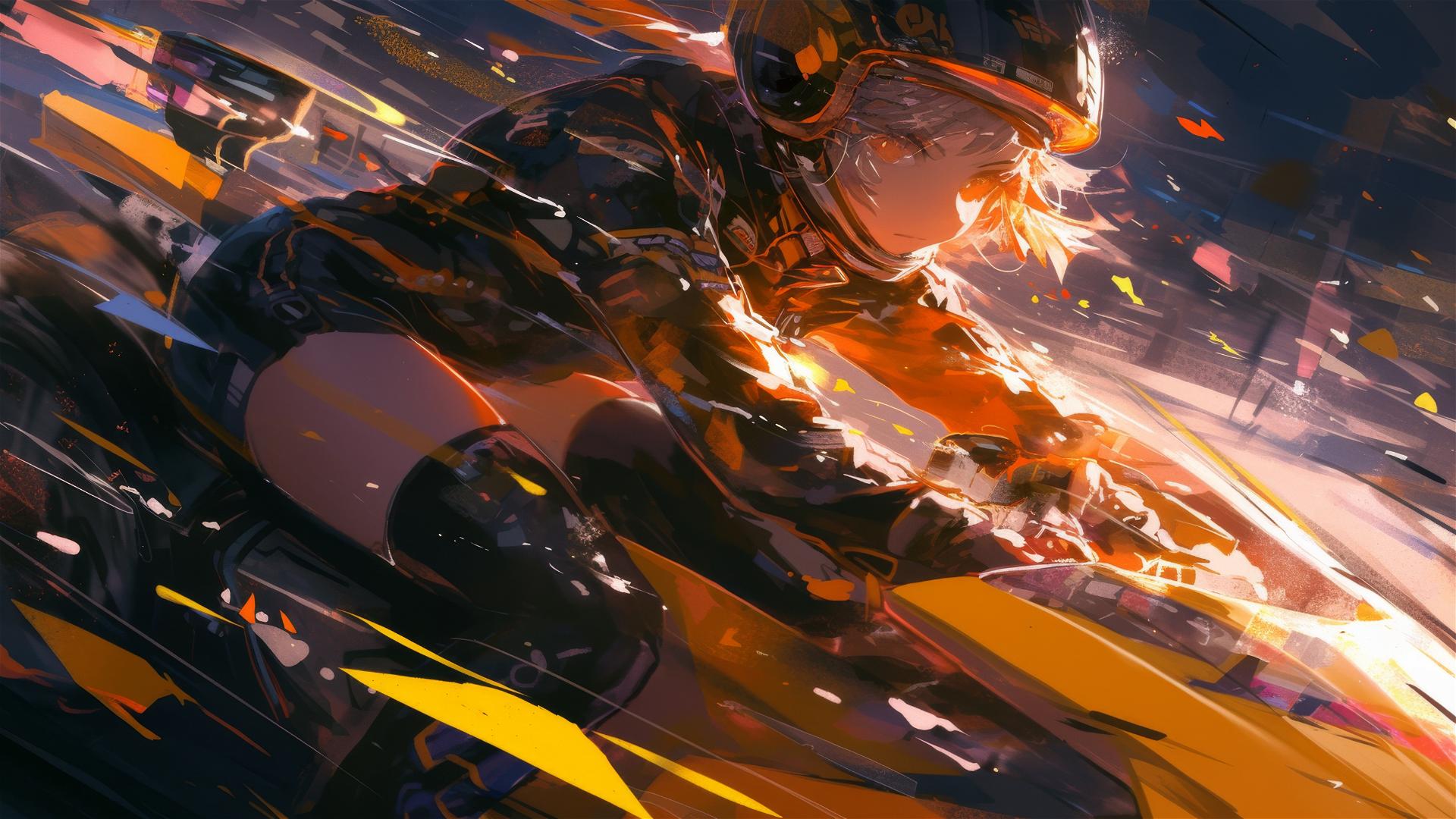 Racer girl with masked face and short hair in dynamic pose with thigh highlight