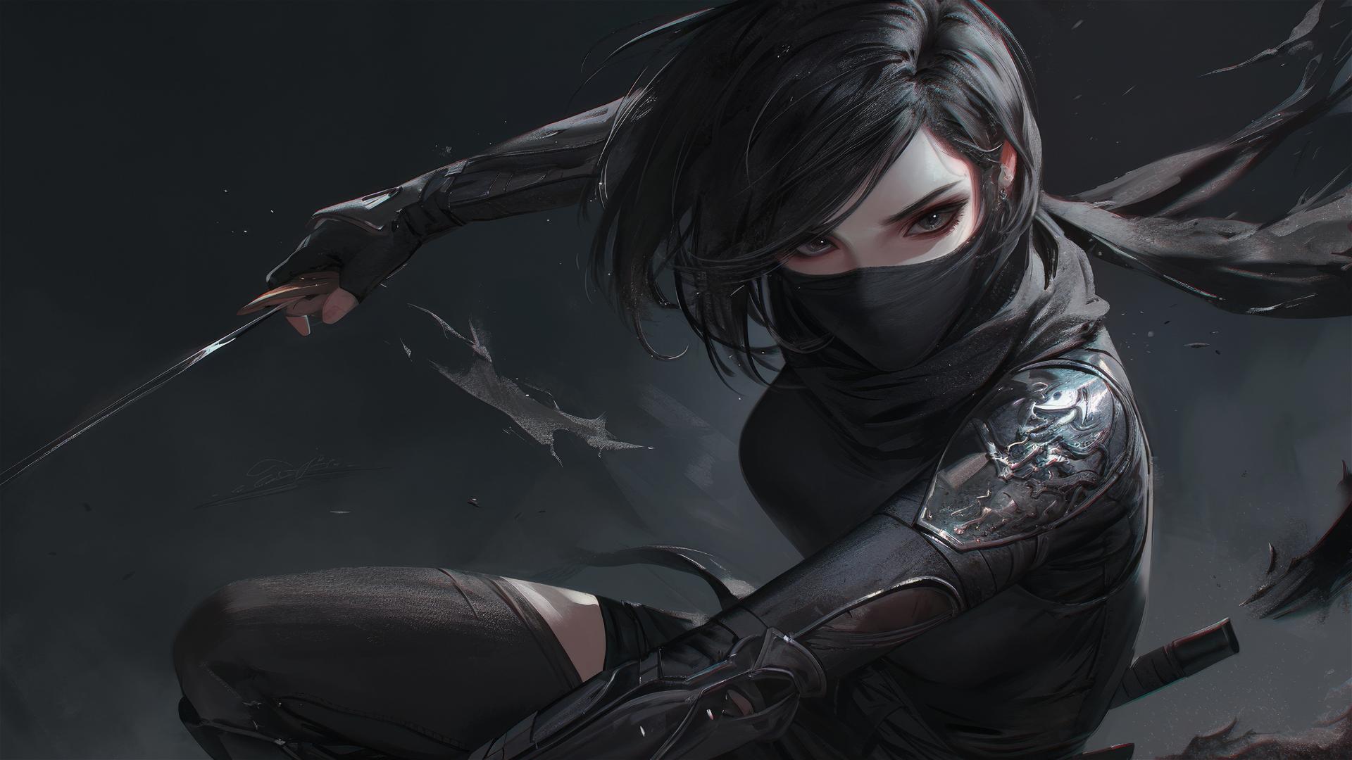 Ninja girl with short hair and thigh focus in dynamic pose against dark background