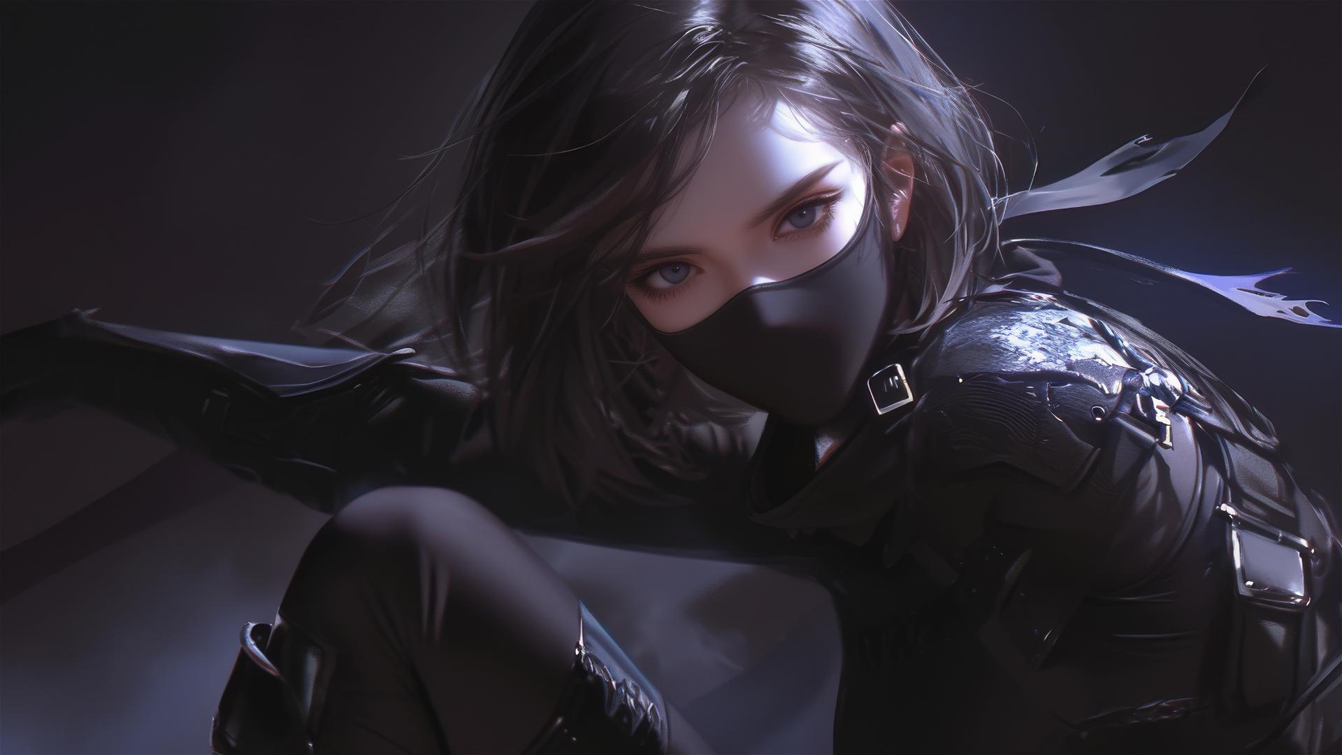 Ninja girl with masked face and short hair in dynamic pose highlighting thigh, against dark background with spotlight effect