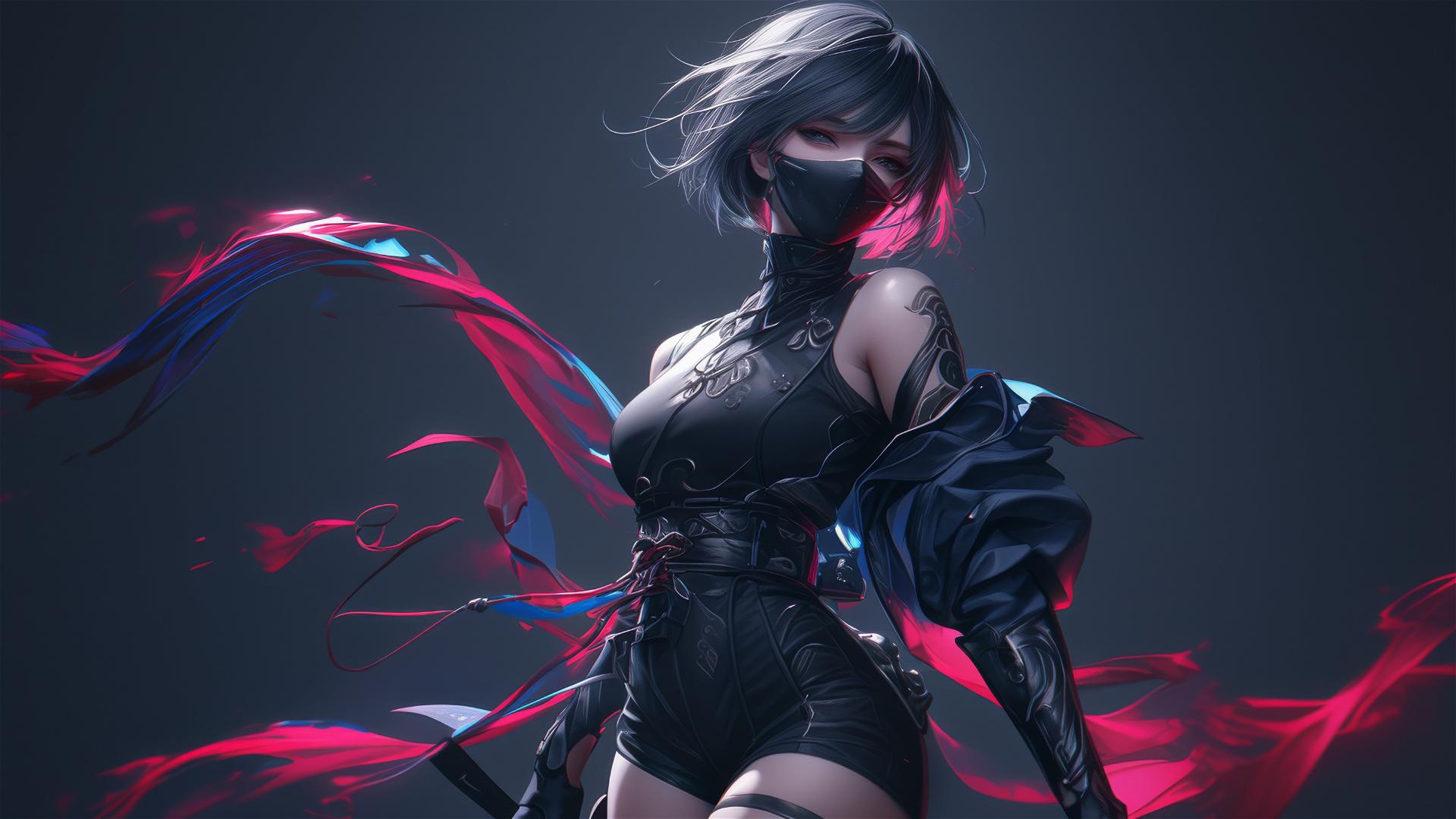 Ninja girl with a masked face and short hair in a dynamic pose highlighting her thigh against a dark background with spotlight effect.