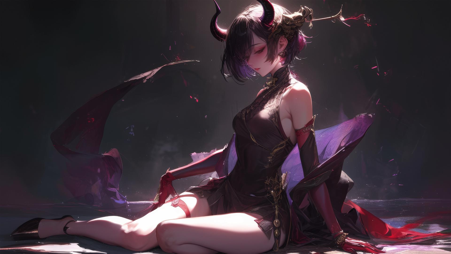 Demon girl with masked face and short hair in dynamic pose spotlighting thigh against dark background