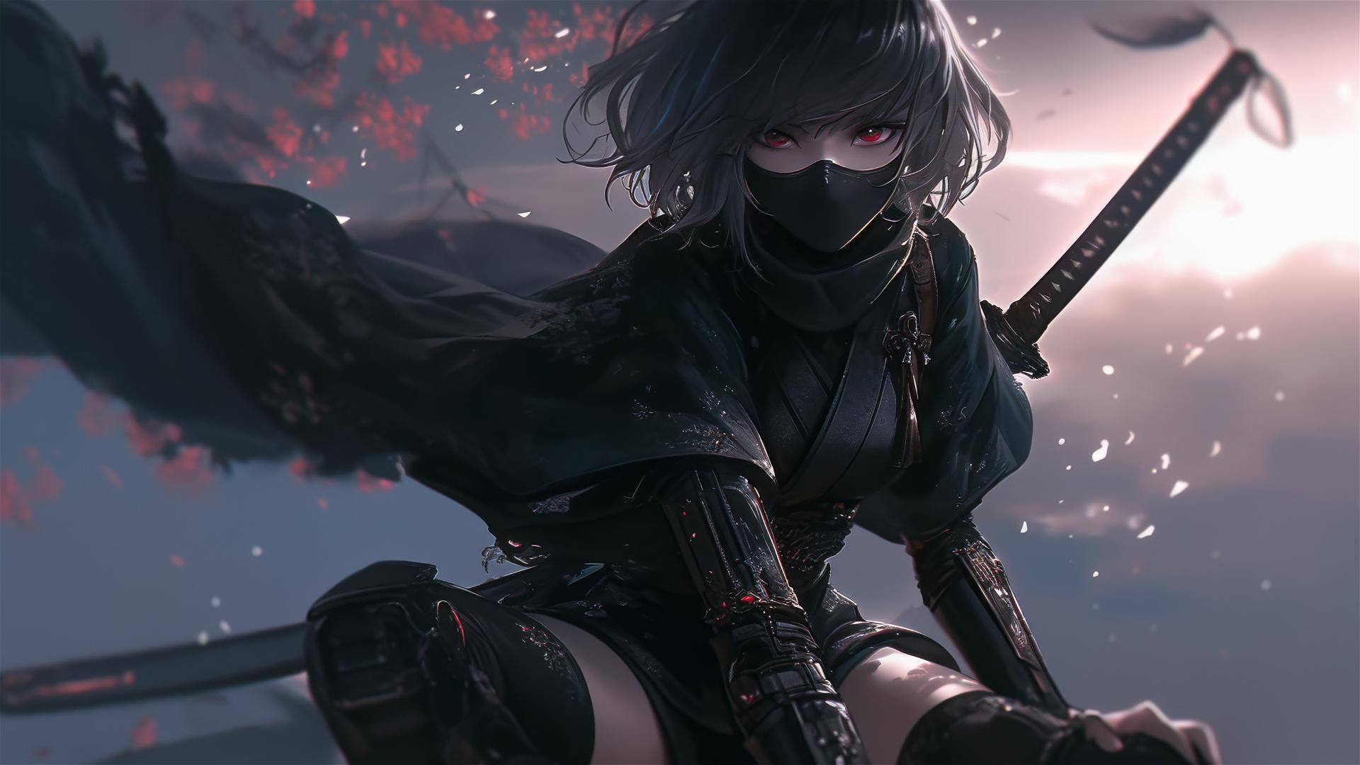 Ninja girl in dynamic pose with thigh focus, dark mask, and spotlight