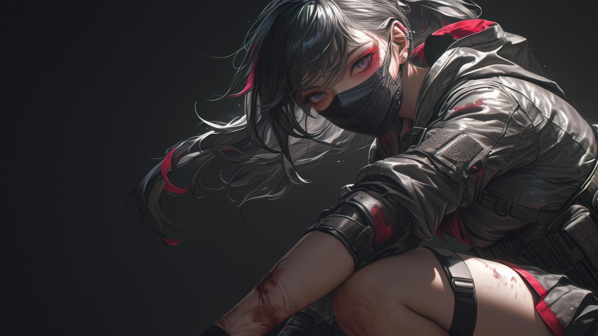 Dark background with beautiful tactical school girl in a dynamic pose, focus on thigh, wearing dark mask
