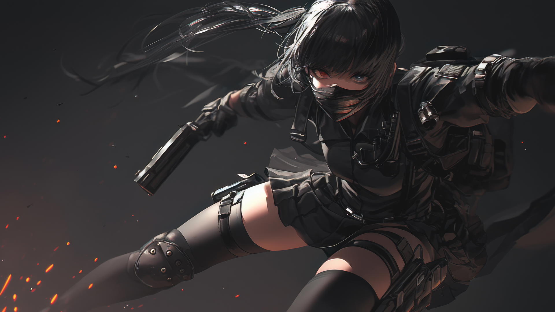 Isolated image of a stunning tactical school girl with a masked face, in a dynamic pose focusing on thighs, on a dark background highlighted by a spotlight effect