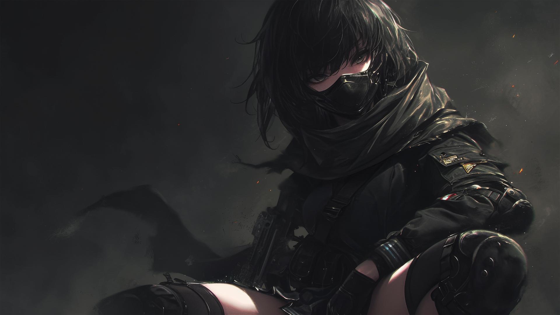Tactical school girl with a dark mask and thigh focus