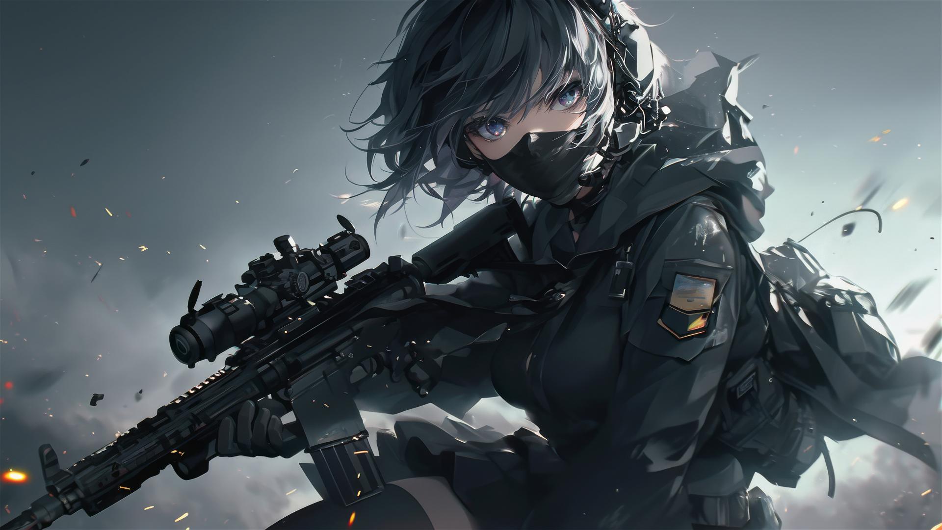 Tactical school girl with mask and thigh focus in spotlight