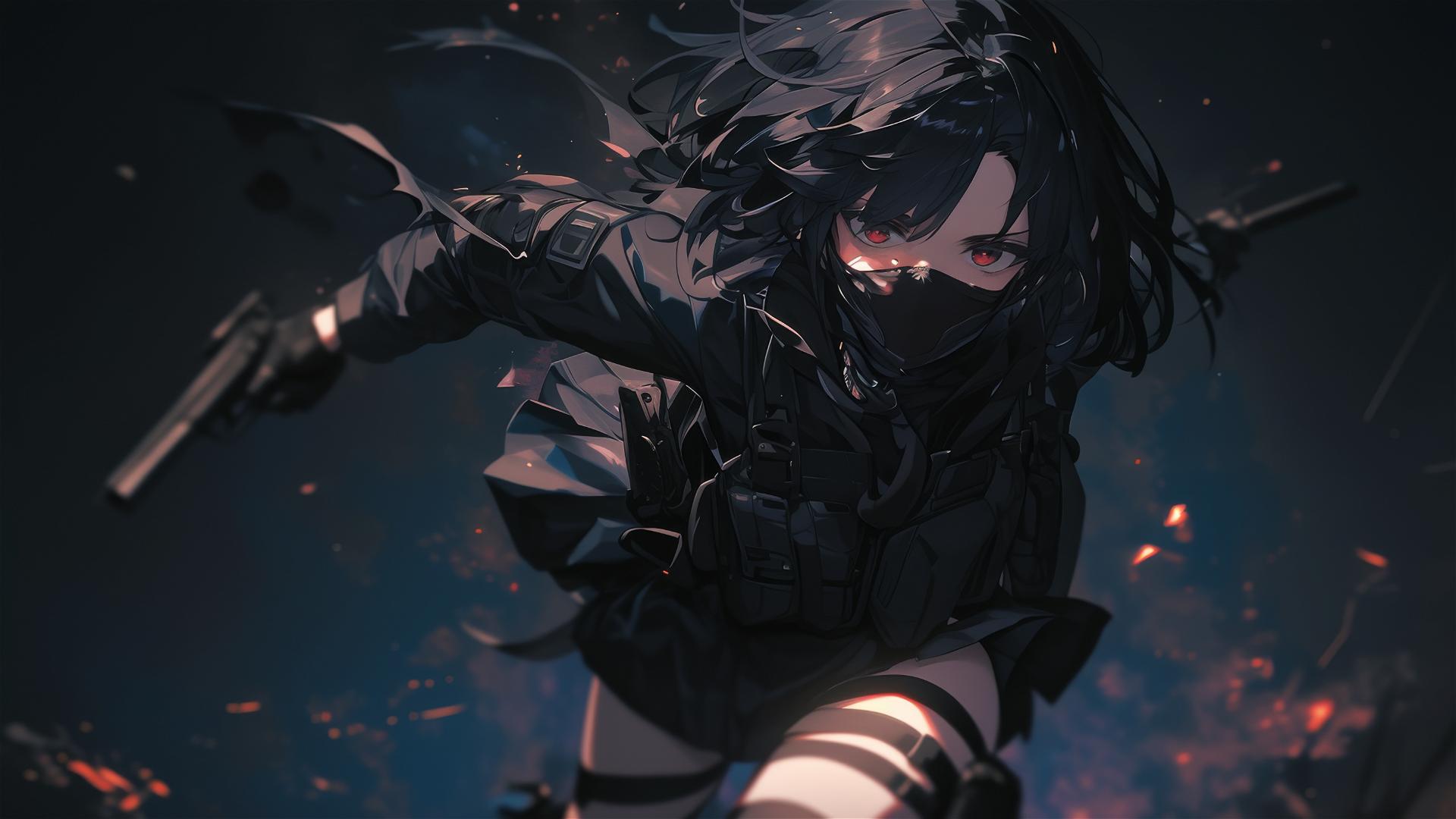 Tactical school girl with dark mask, short hair, and thigh focus in spotlight
