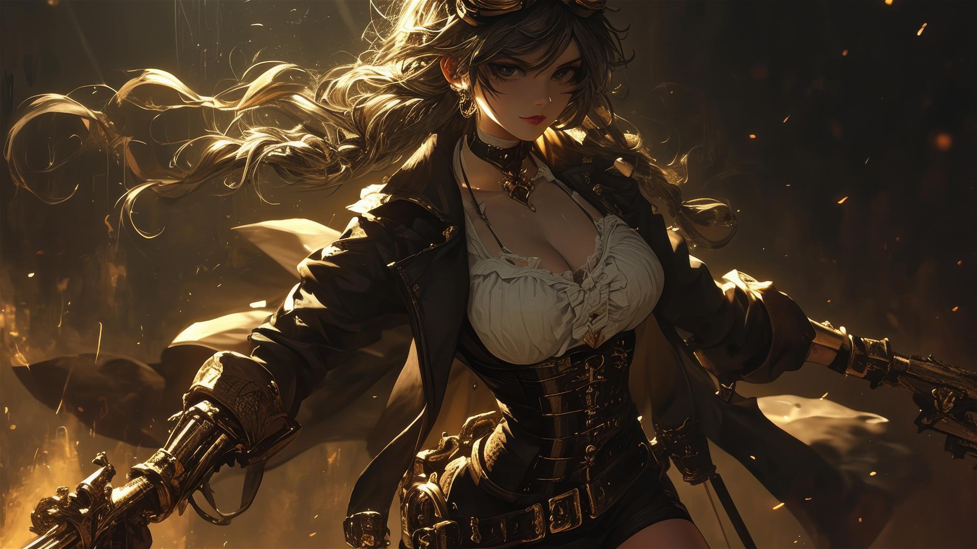 Steampunk Adventurer Girl in dynamic pose on dark background