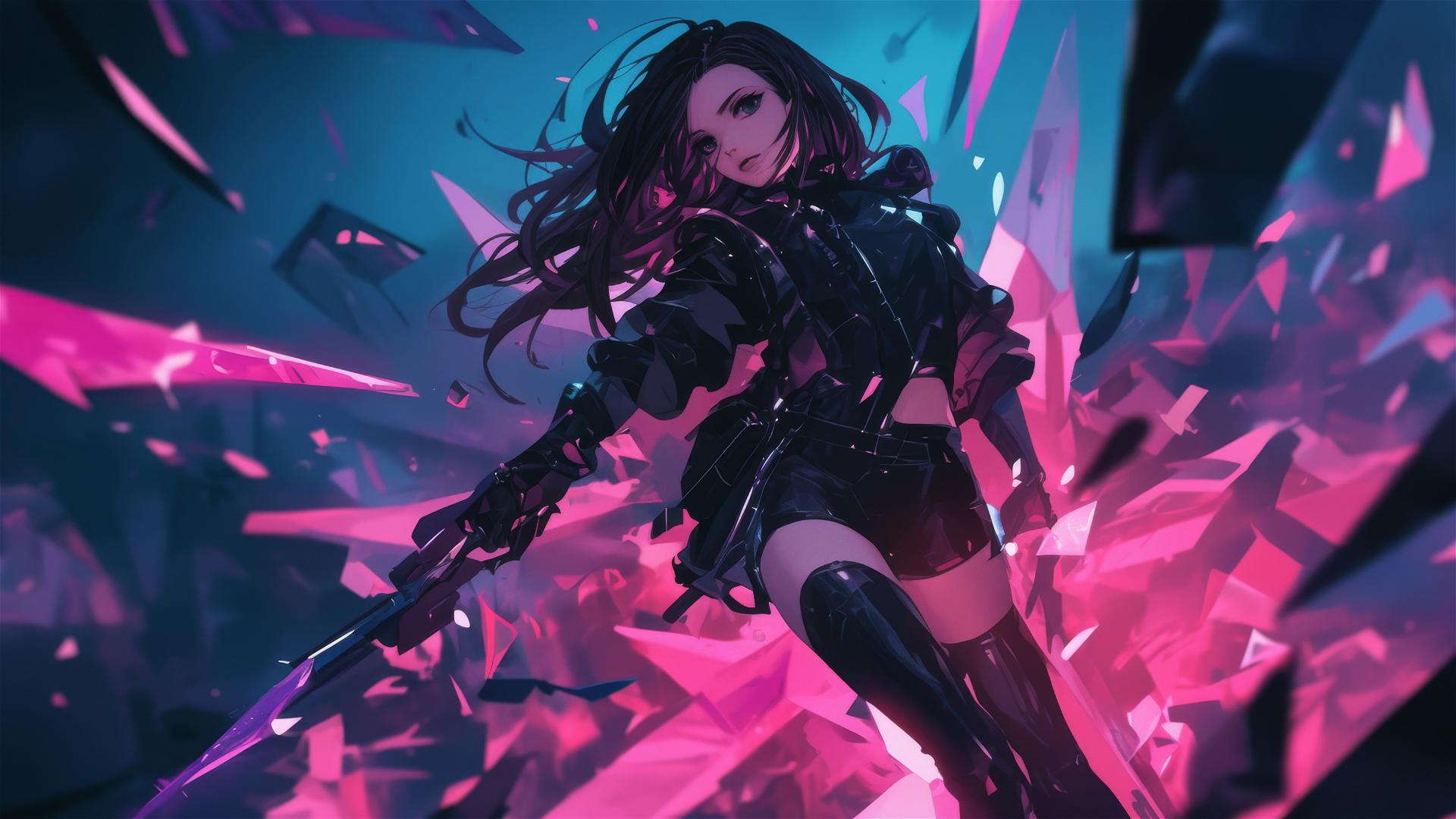 Cybernetic Agent Girl in dynamic pose with thigh focus on dark background