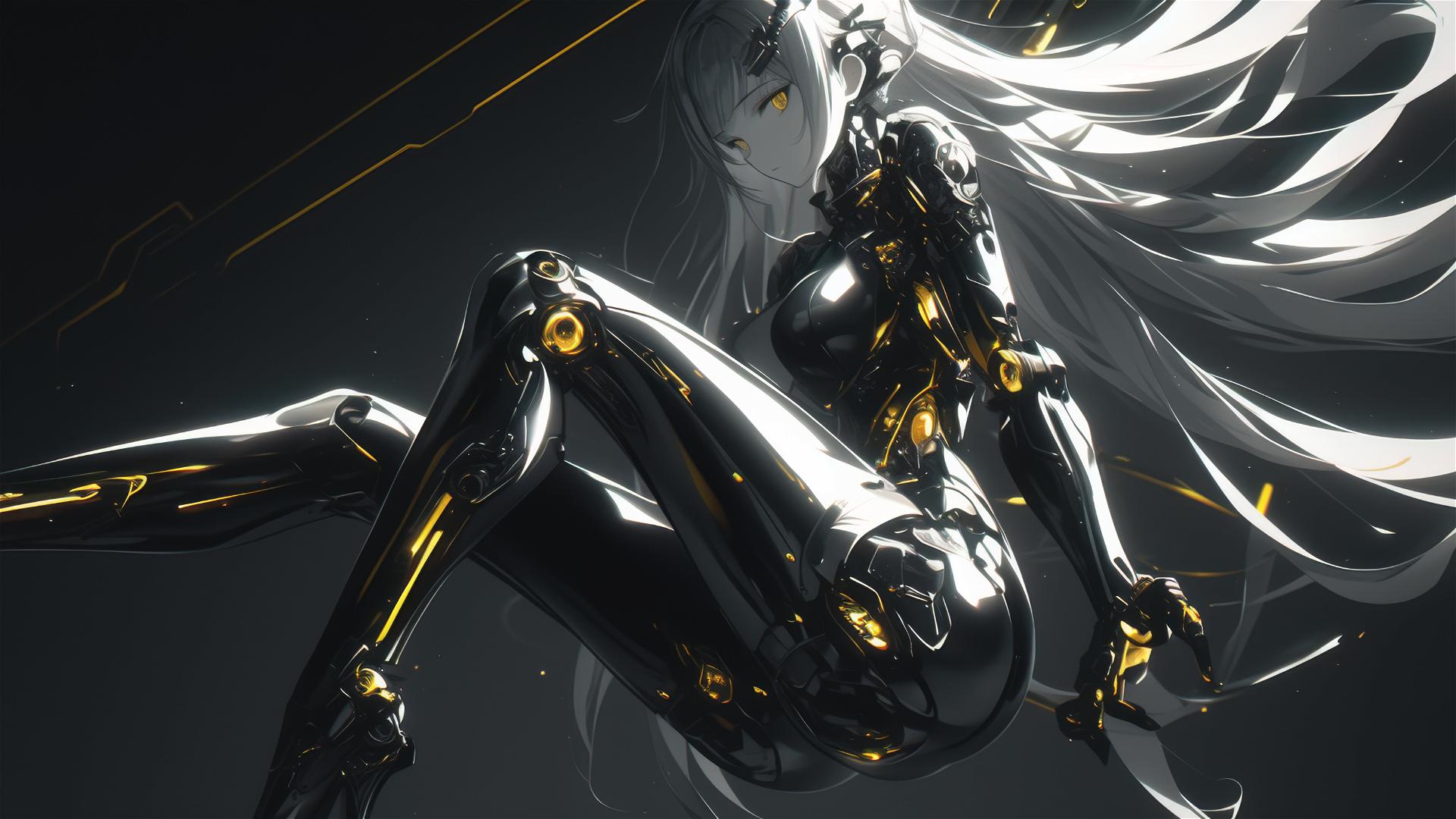 Cybernetic Agent Girl in dynamic pose with thigh focus on dark background
