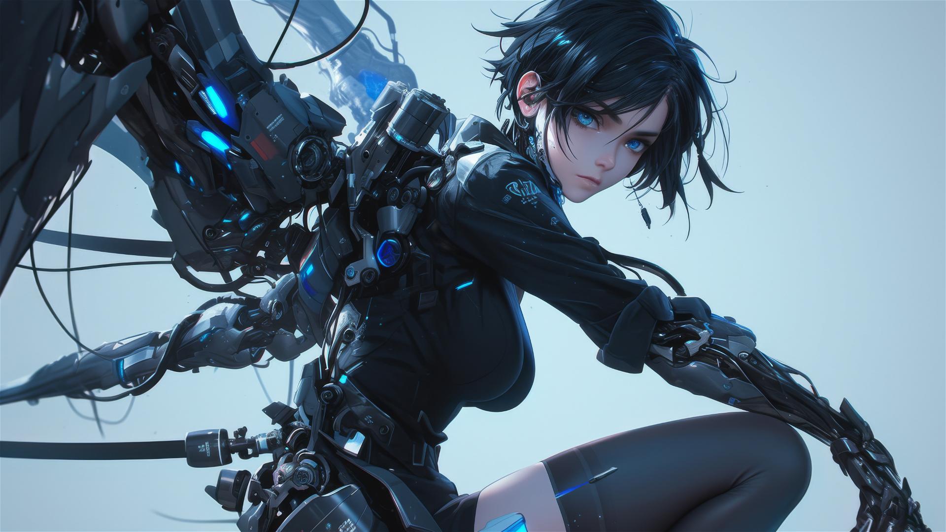 Cybernetic Agent Girl posing with thigh focus on dark background with spotlight effect.