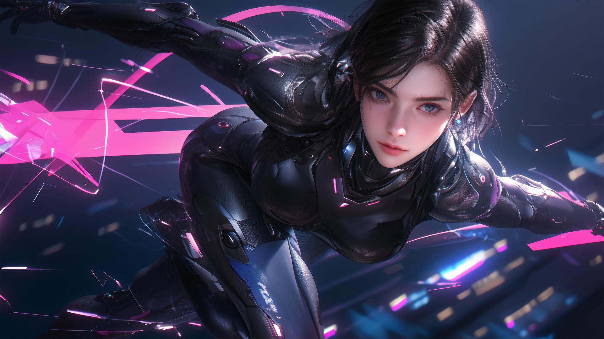 Cybernetic agent girl with a focus on thighs, dynamic pose, dark background, spotlight effect