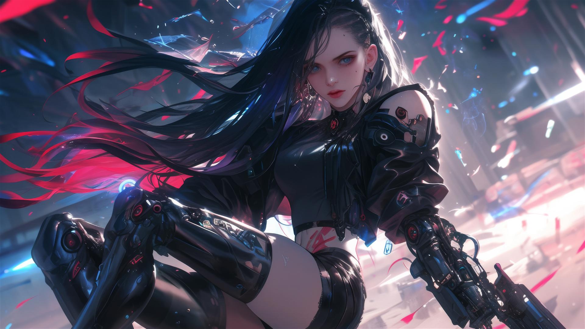Cyberpunk Girl in dynamic pose with thigh focus on dark background