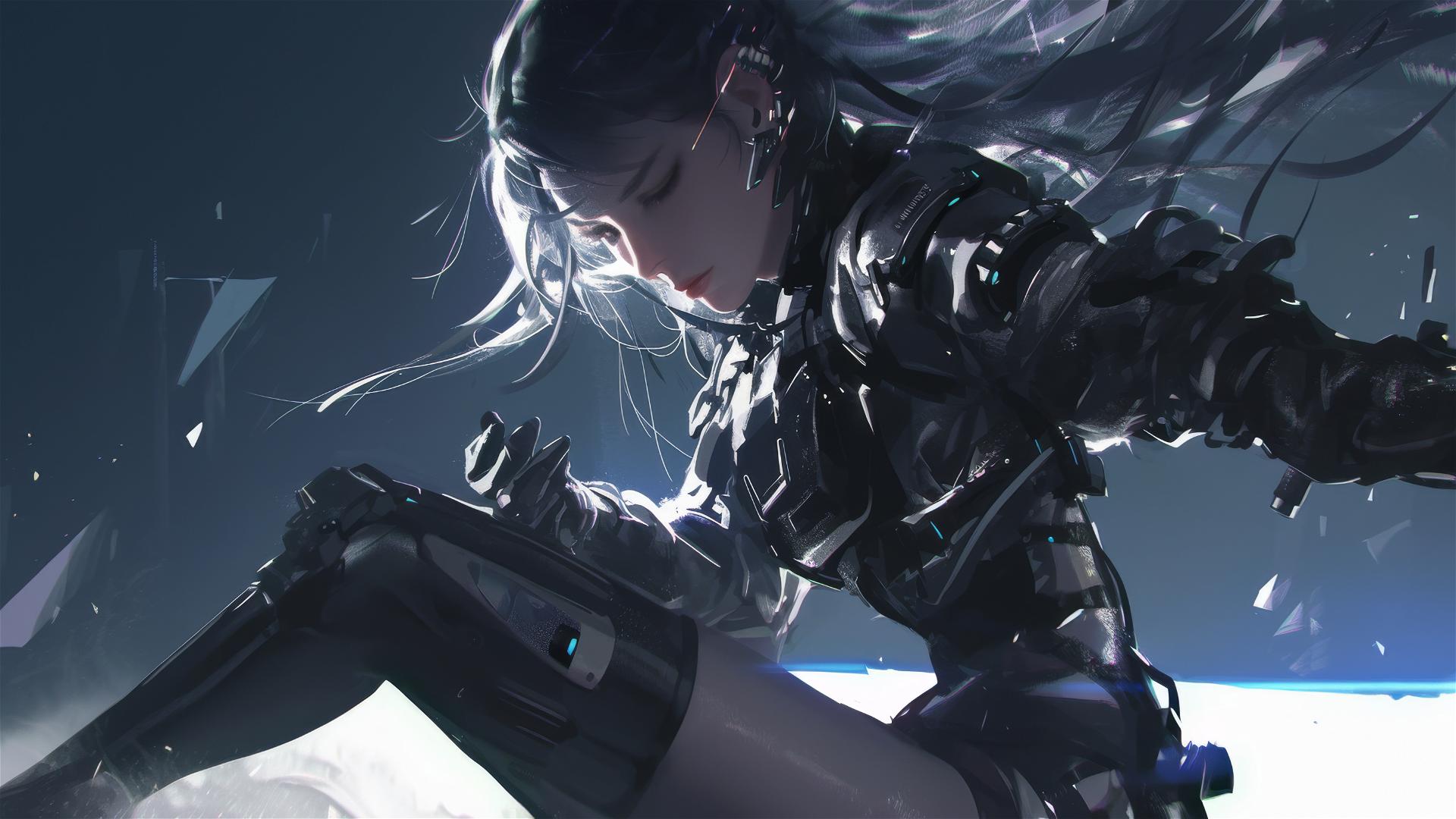 Cyberpunk Girl in dynamic pose with thigh focus on dark background