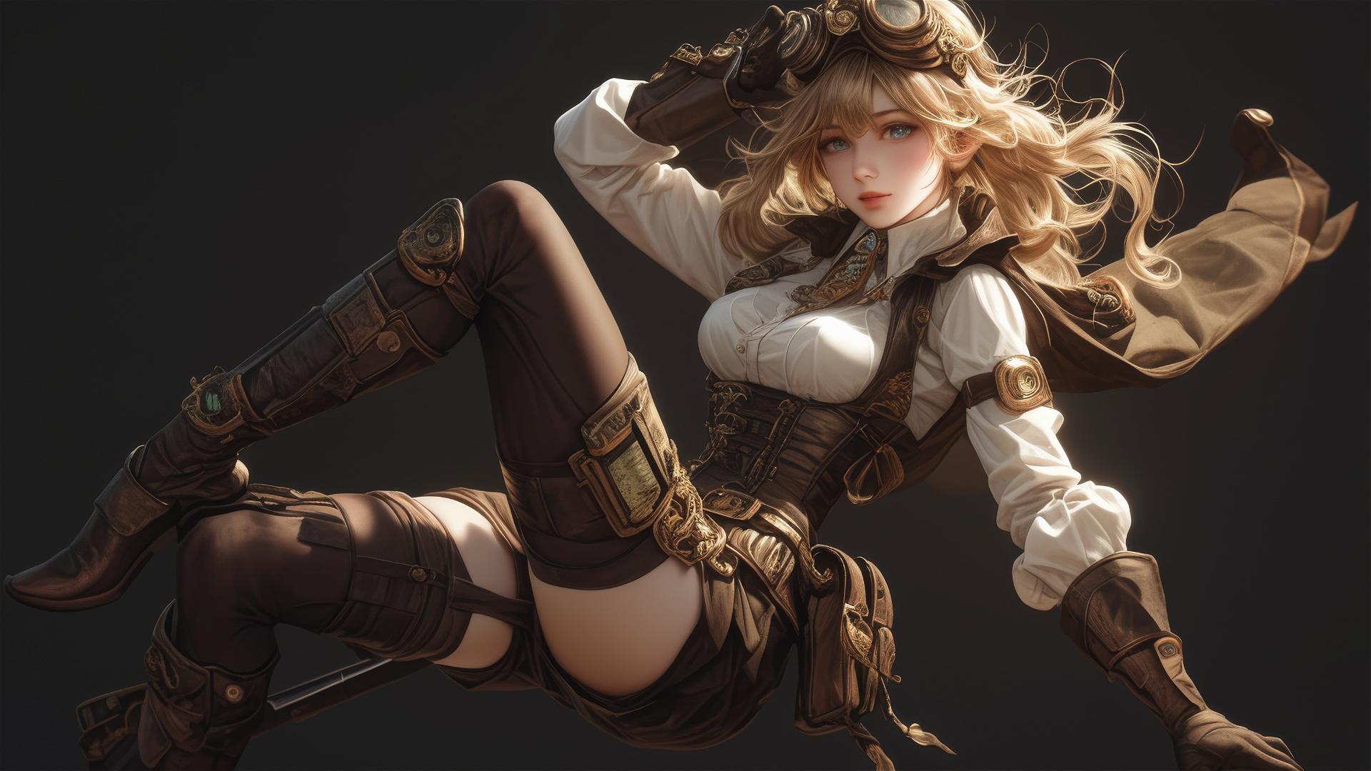 Steampunk Adventurer Girl in dynamic pose with thigh focus on dark background
