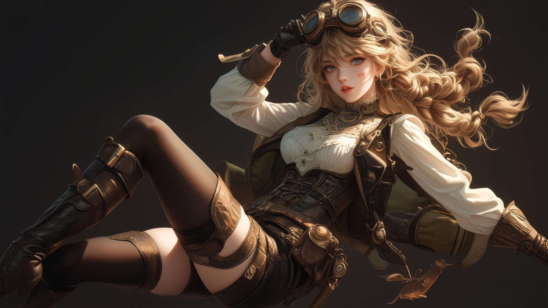Steampunk Adventurer Girl with a thigh focus, dynamic pose, and spotlight effect against a dark background