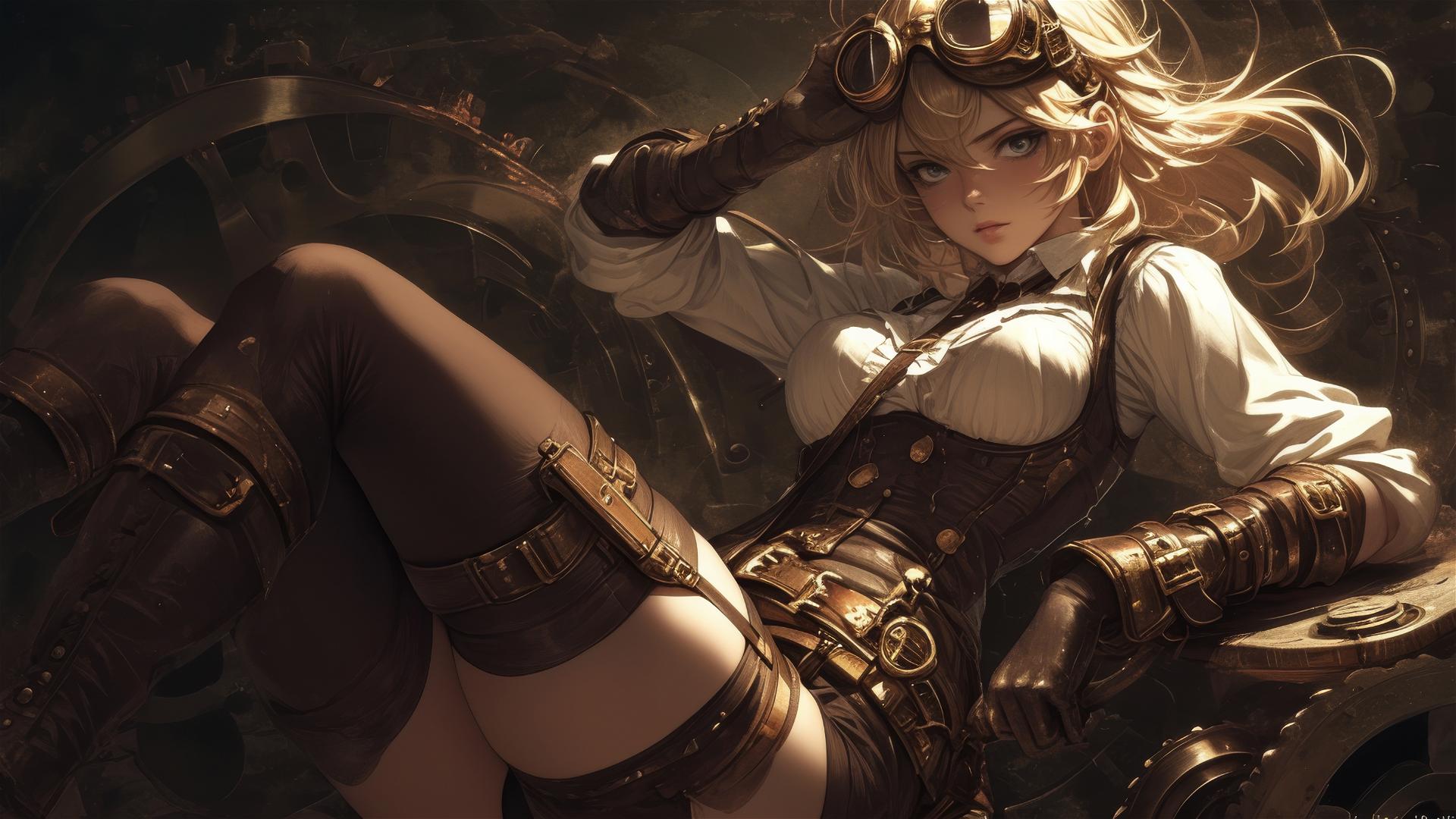 Steampunk adventurer girl in dynamic pose with thigh focus on dark background
