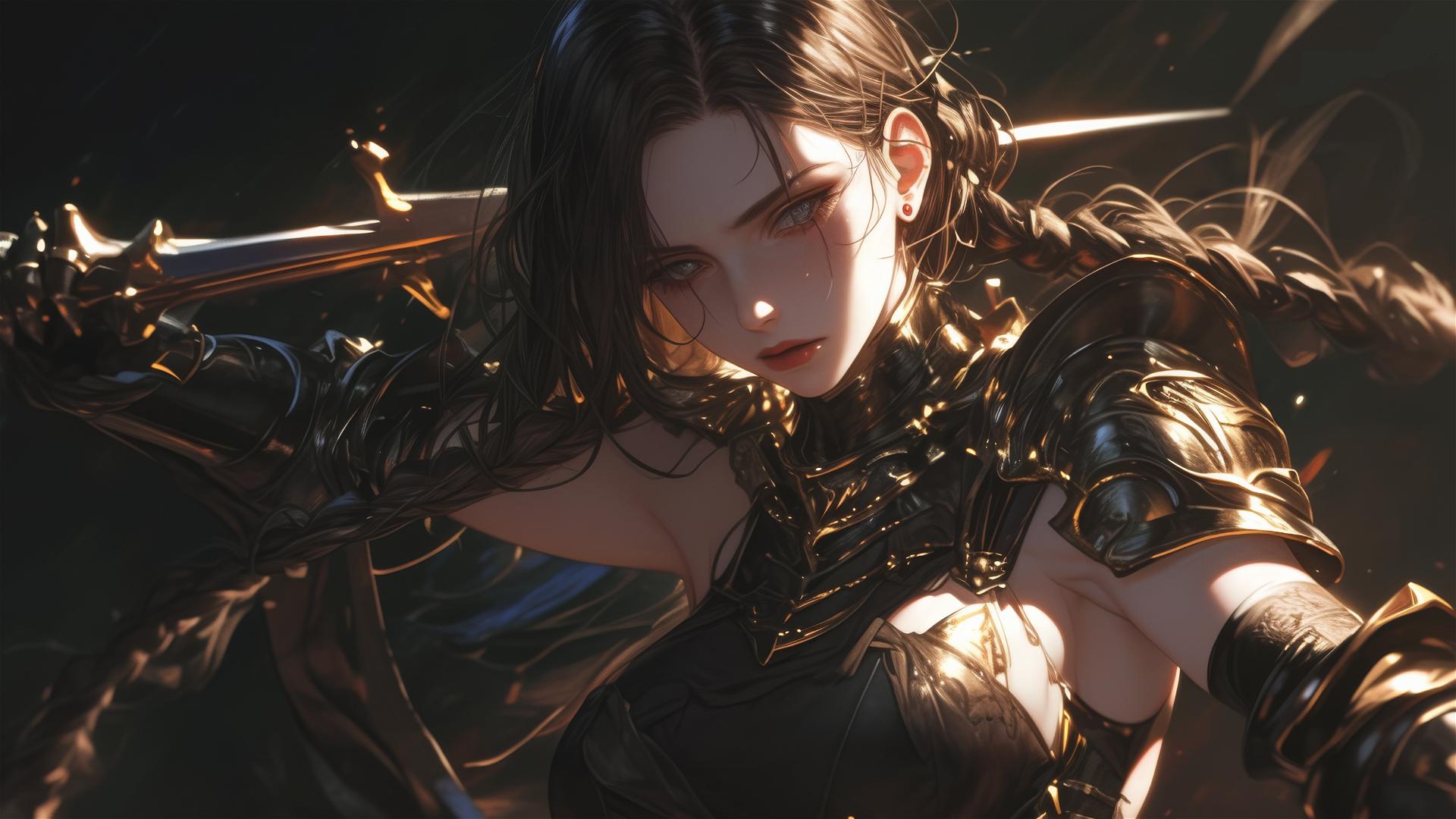 Gladiator warrior girl in dynamic pose on dark background with spotlight effect, focusing on thigh