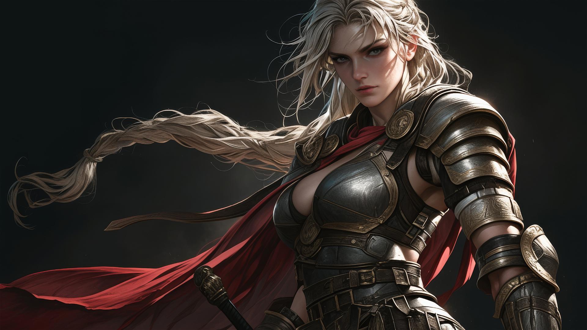 Gladiator warrior girl in dynamic pose with a dark background and thigh focus