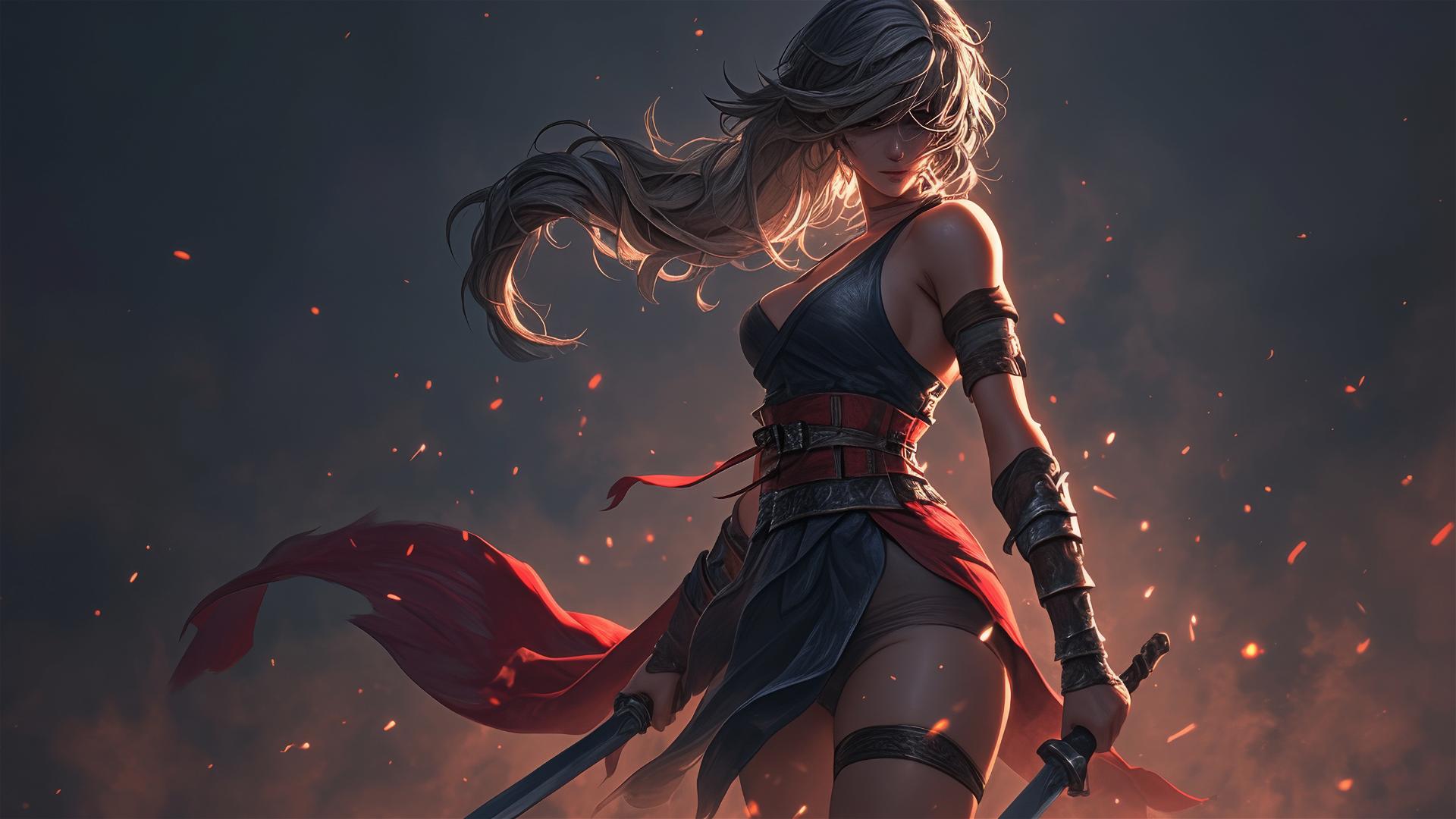 Gladiator warrior girl in dynamic pose with thigh focus on dark background
