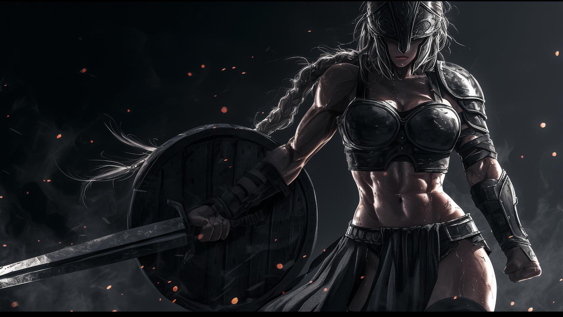 Gladiator warrior girl in dynamic pose with thigh focus on dark background