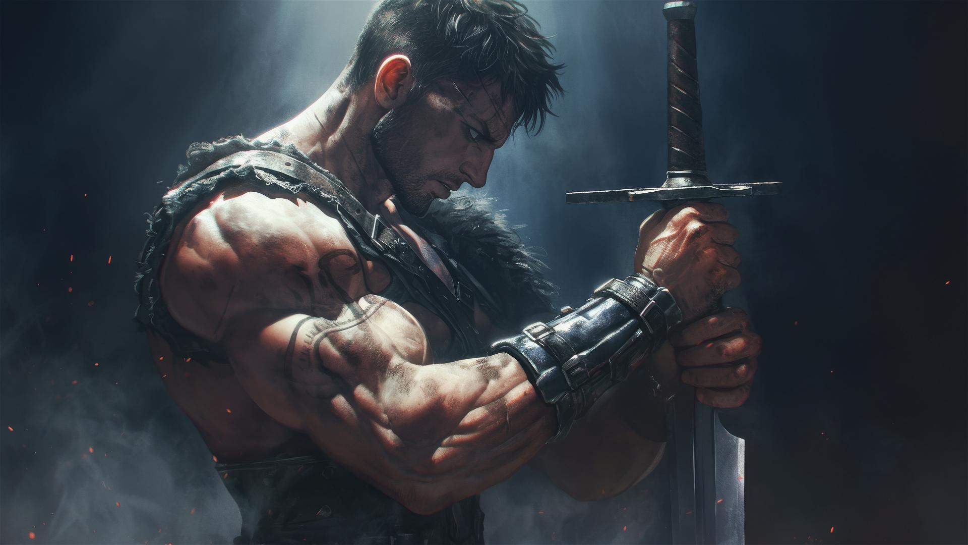Gladiator warrior in spotlight with thigh focus on dark background