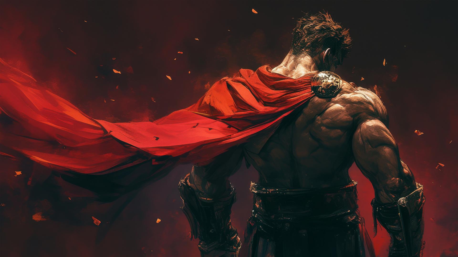 Gladiator warrior with thigh focus on dark background in spotlight