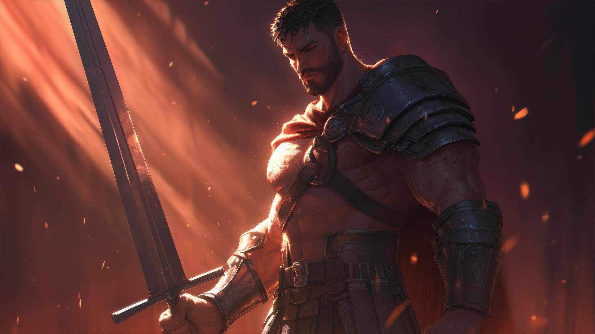 Gladiator warrior in spotlight with dark background