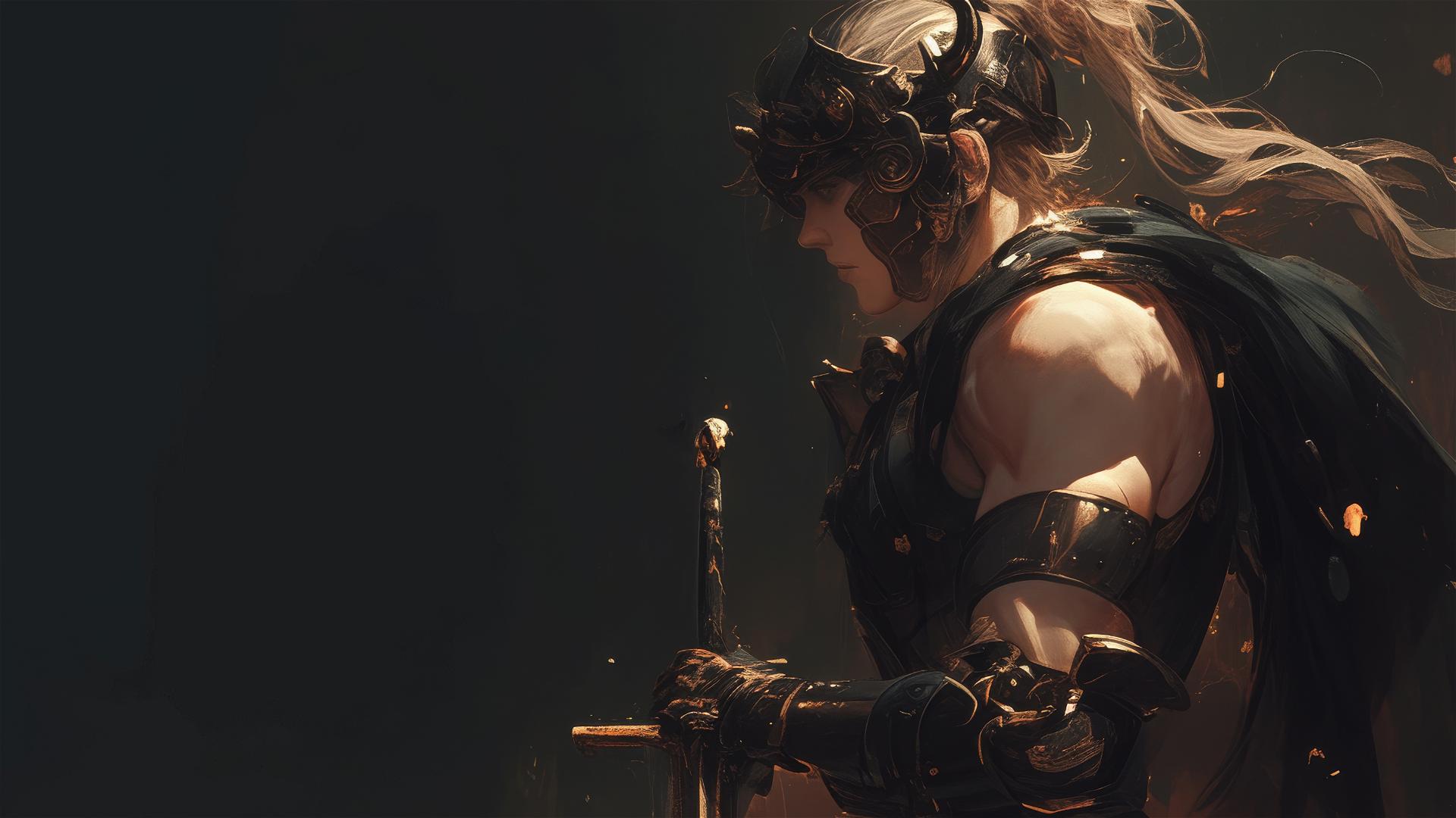 Gladiator warrior with thigh focus on dark background with spotlight