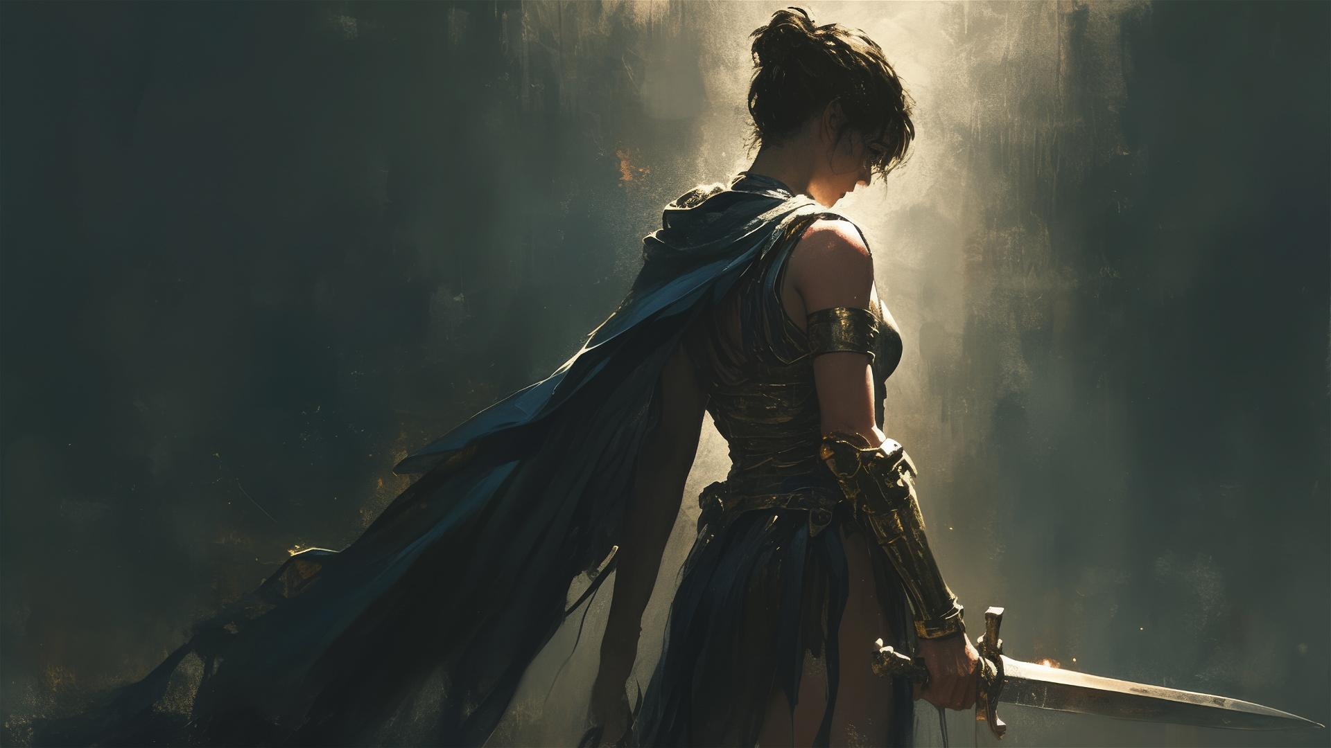 Gladiator Warrior Girl with thigh focus on dark background