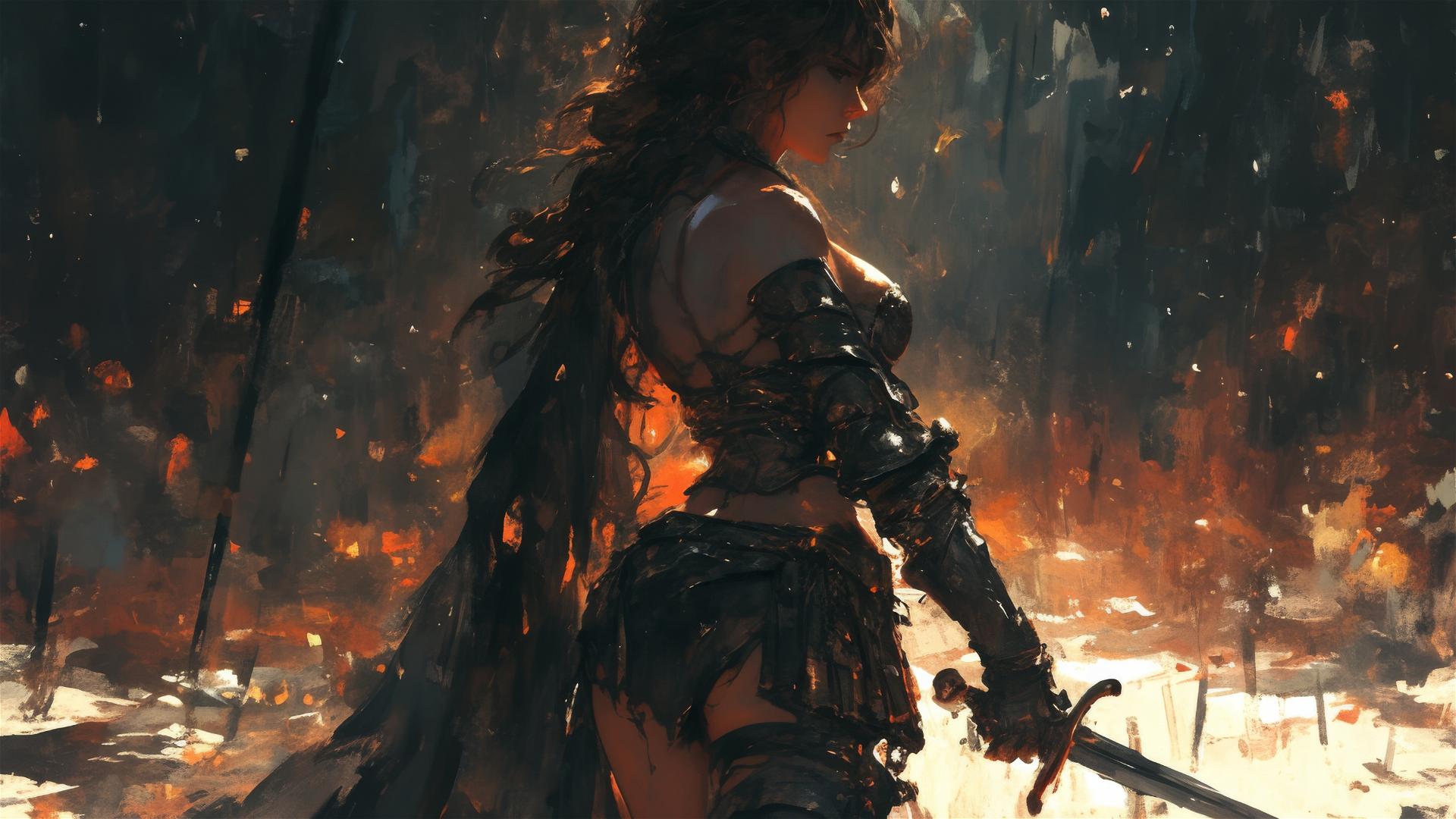 Gladiator warrior girl isolated on dark background with spotlight