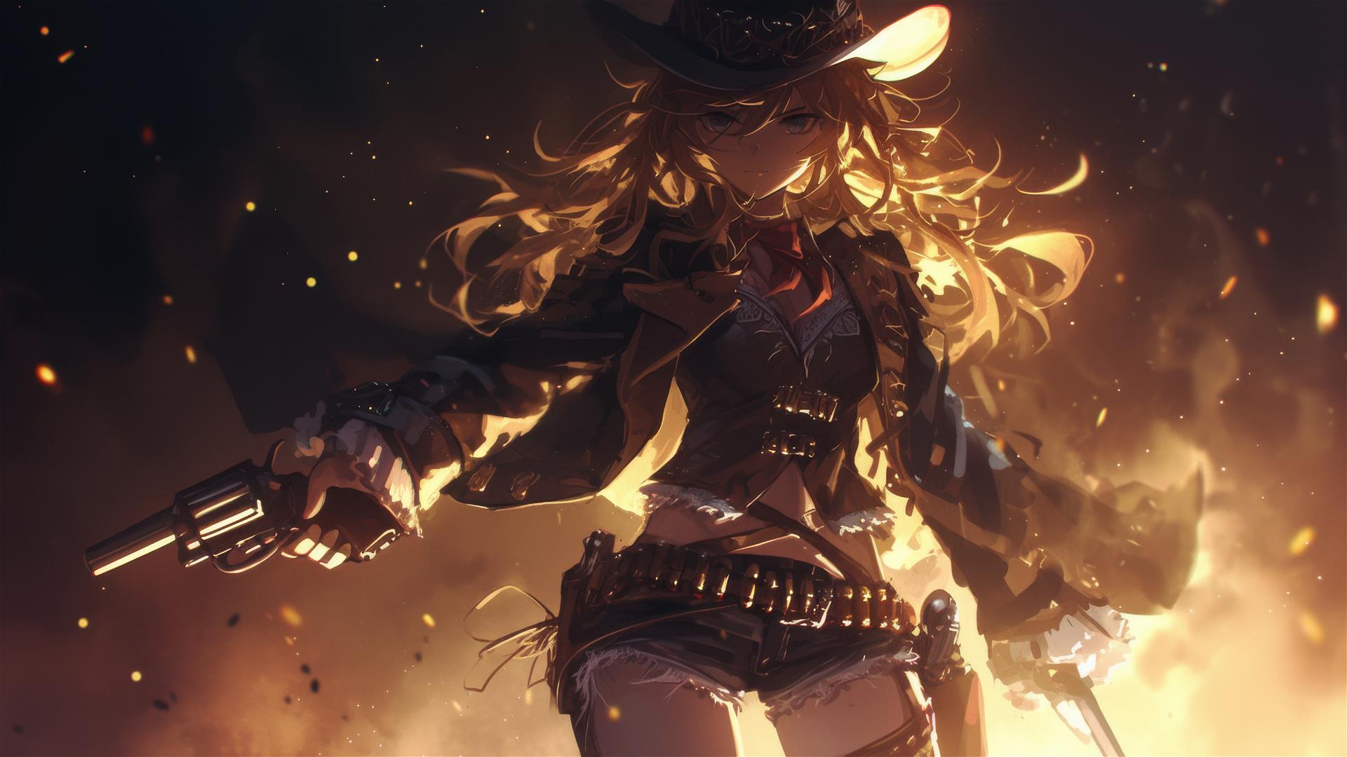 Wild West Gunslinger Girl with thigh focus on dark background with spotlight effect